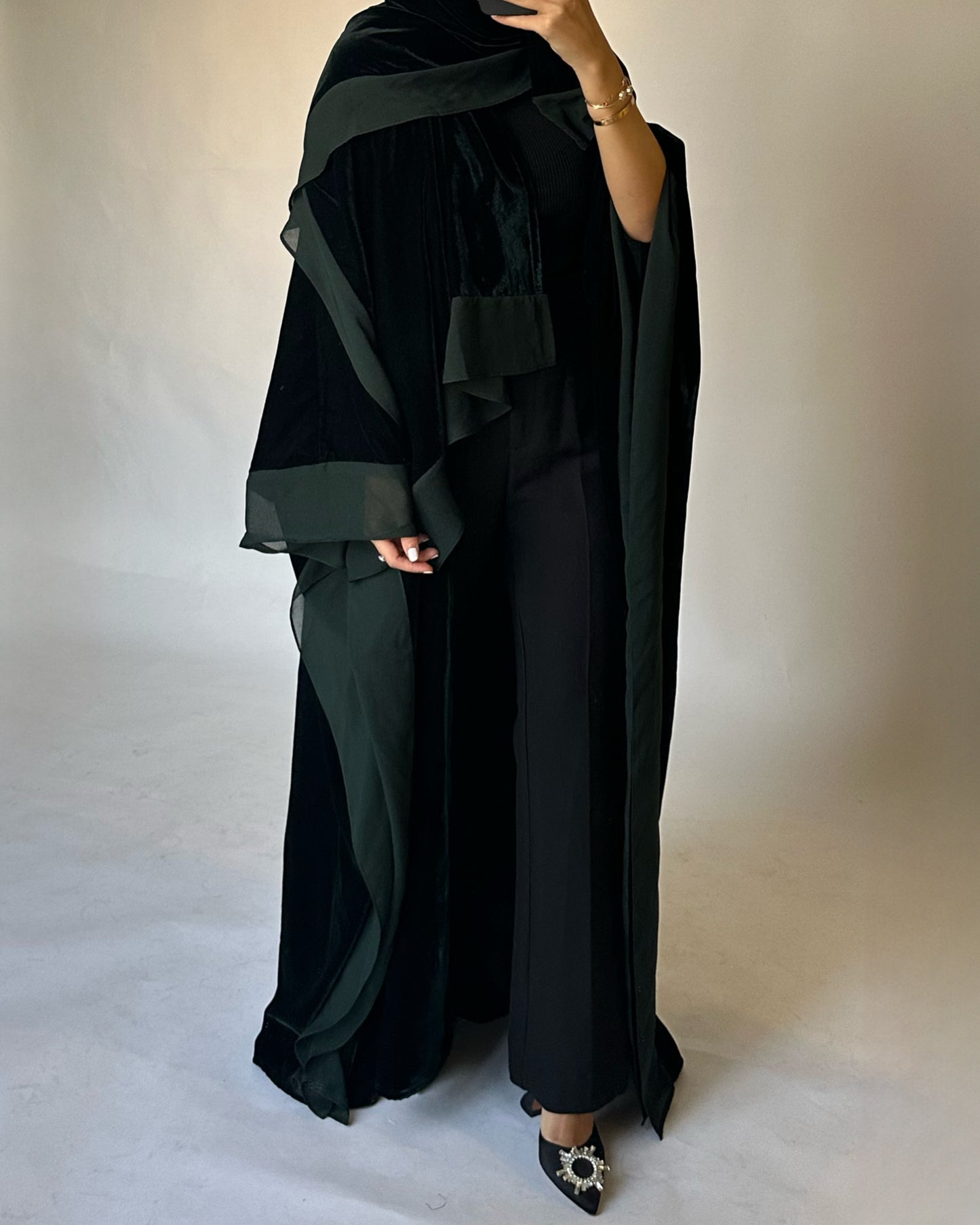 A139 - Green Velvet Abaya, Velvet Head Scarf & Chiffon Dress