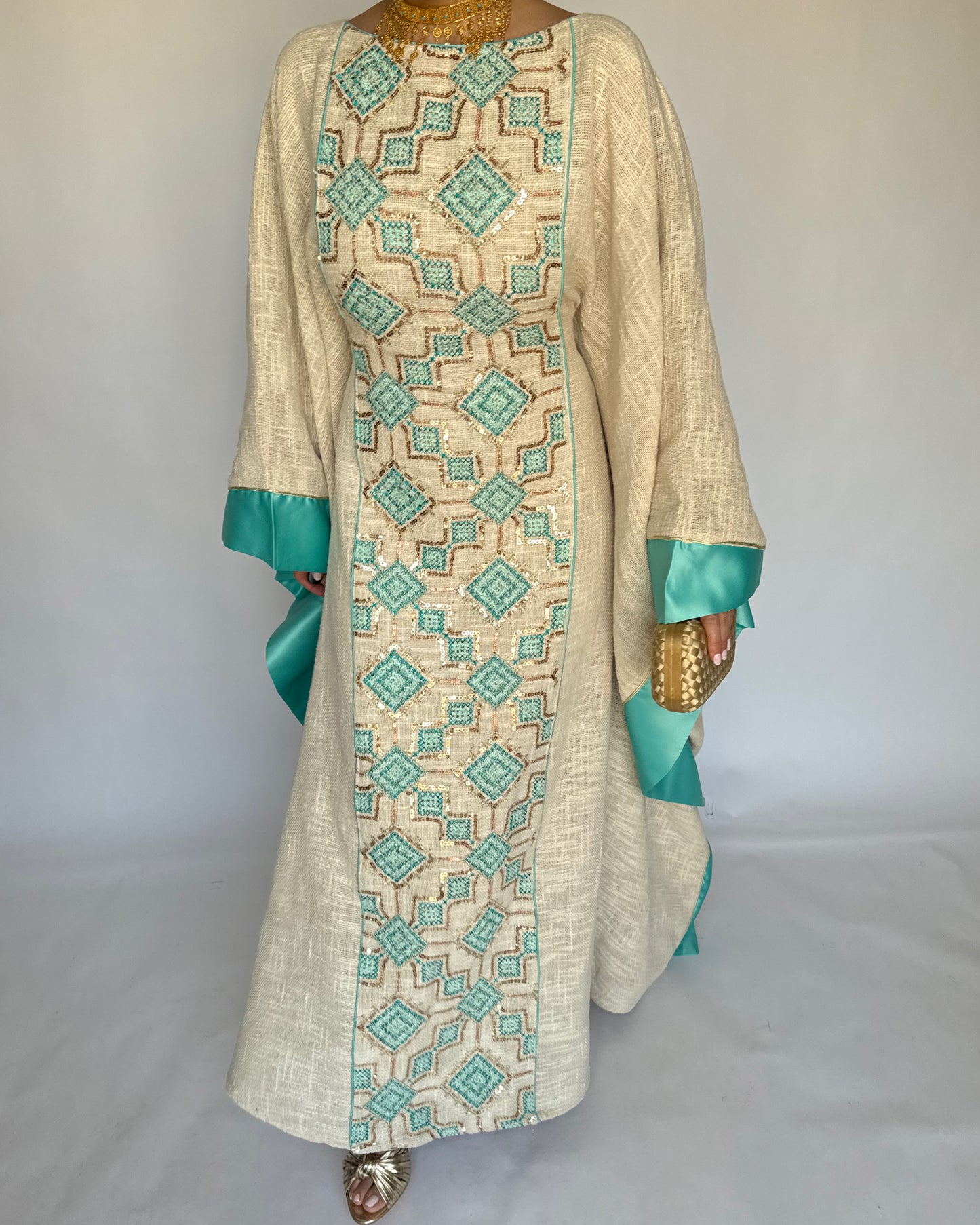 A335 - Blue & Beige Linen Butterfly Cut Jalabiya