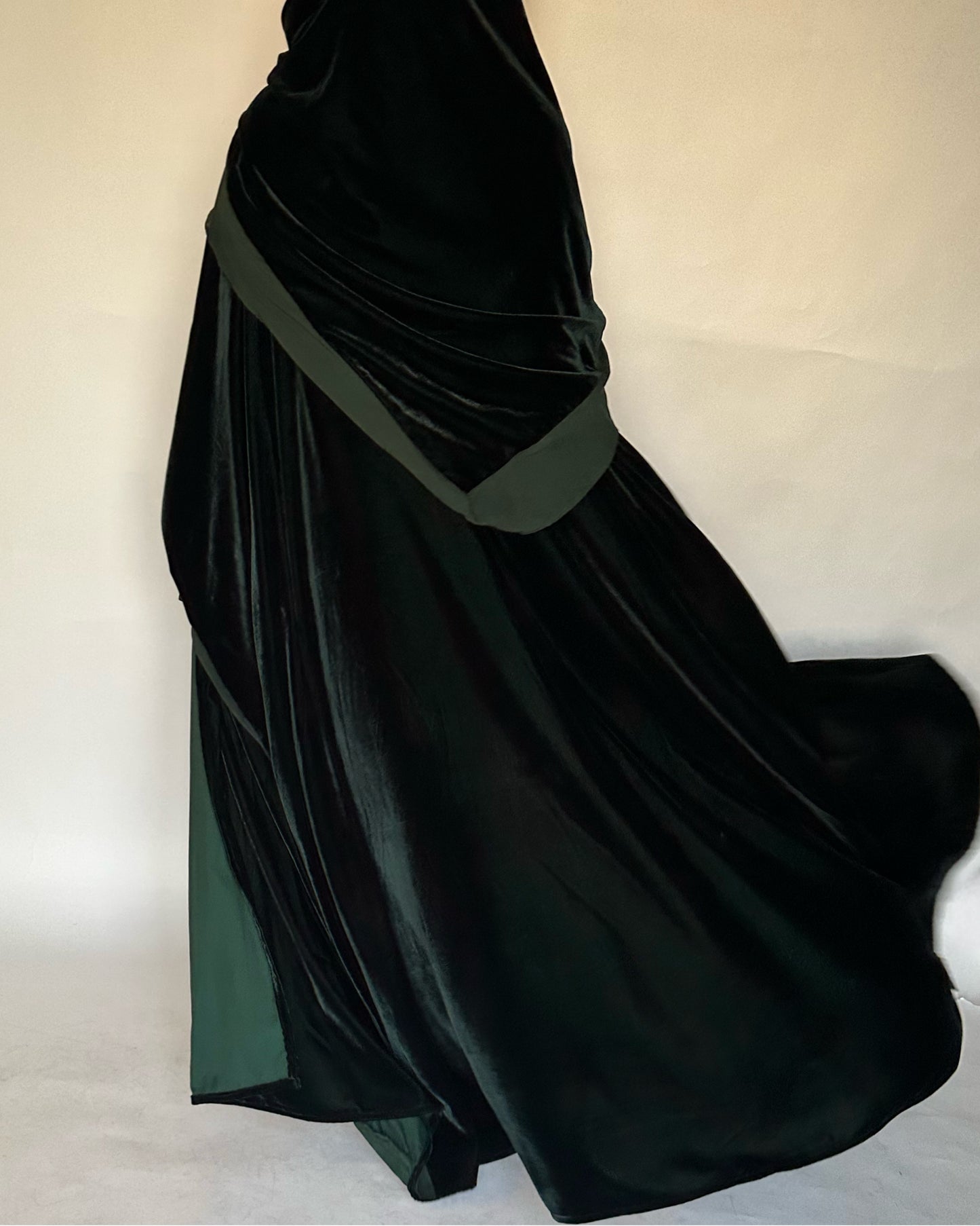 A139 - Green Velvet Abaya, Velvet Head Scarf & Chiffon Dress