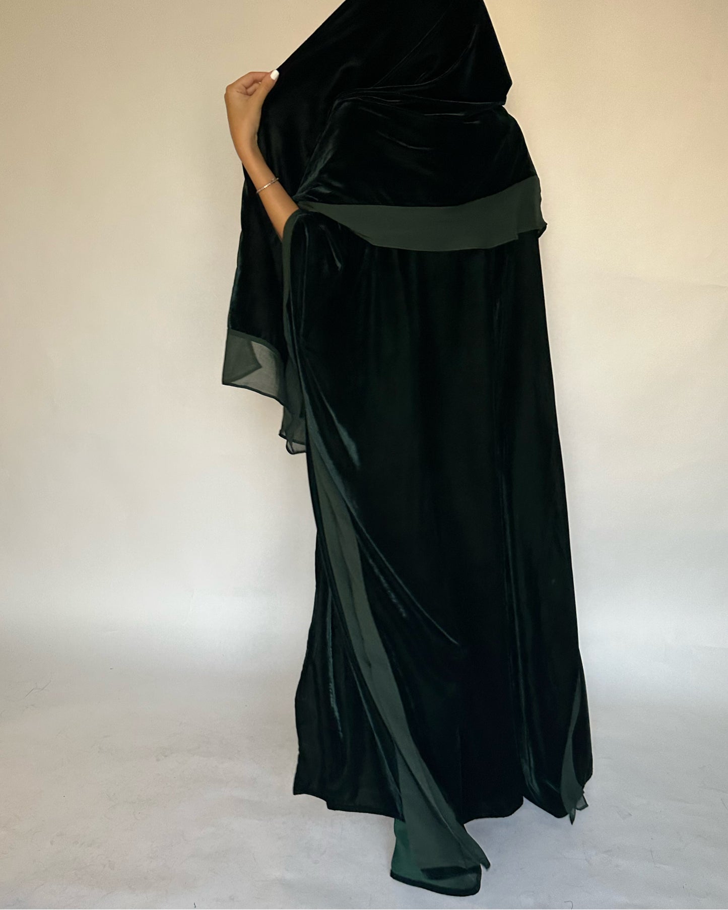 A139 - Green Velvet Abaya, Velvet Head Scarf & Chiffon Dress