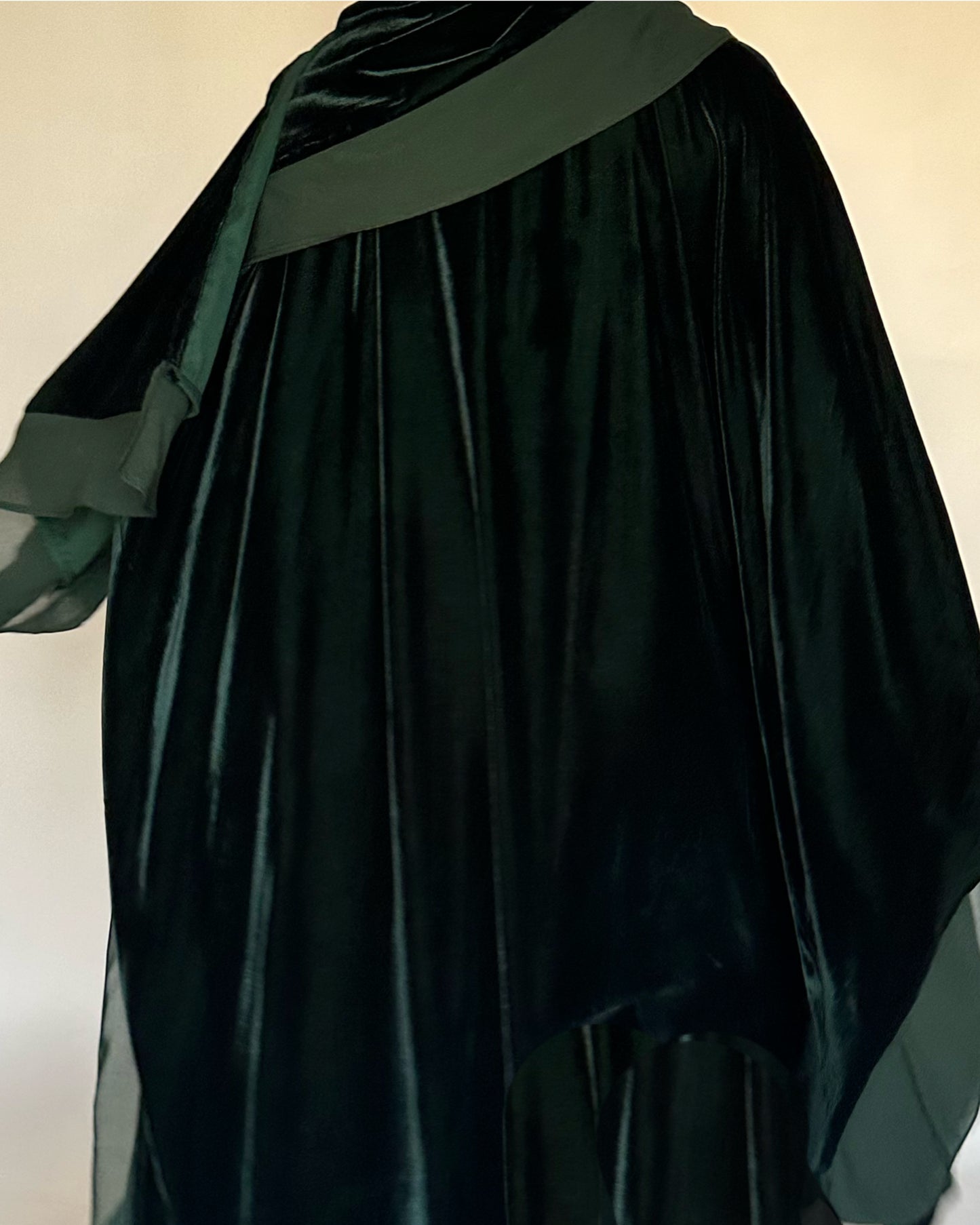 A139 - Green Velvet Abaya, Velvet Head Scarf & Chiffon Dress