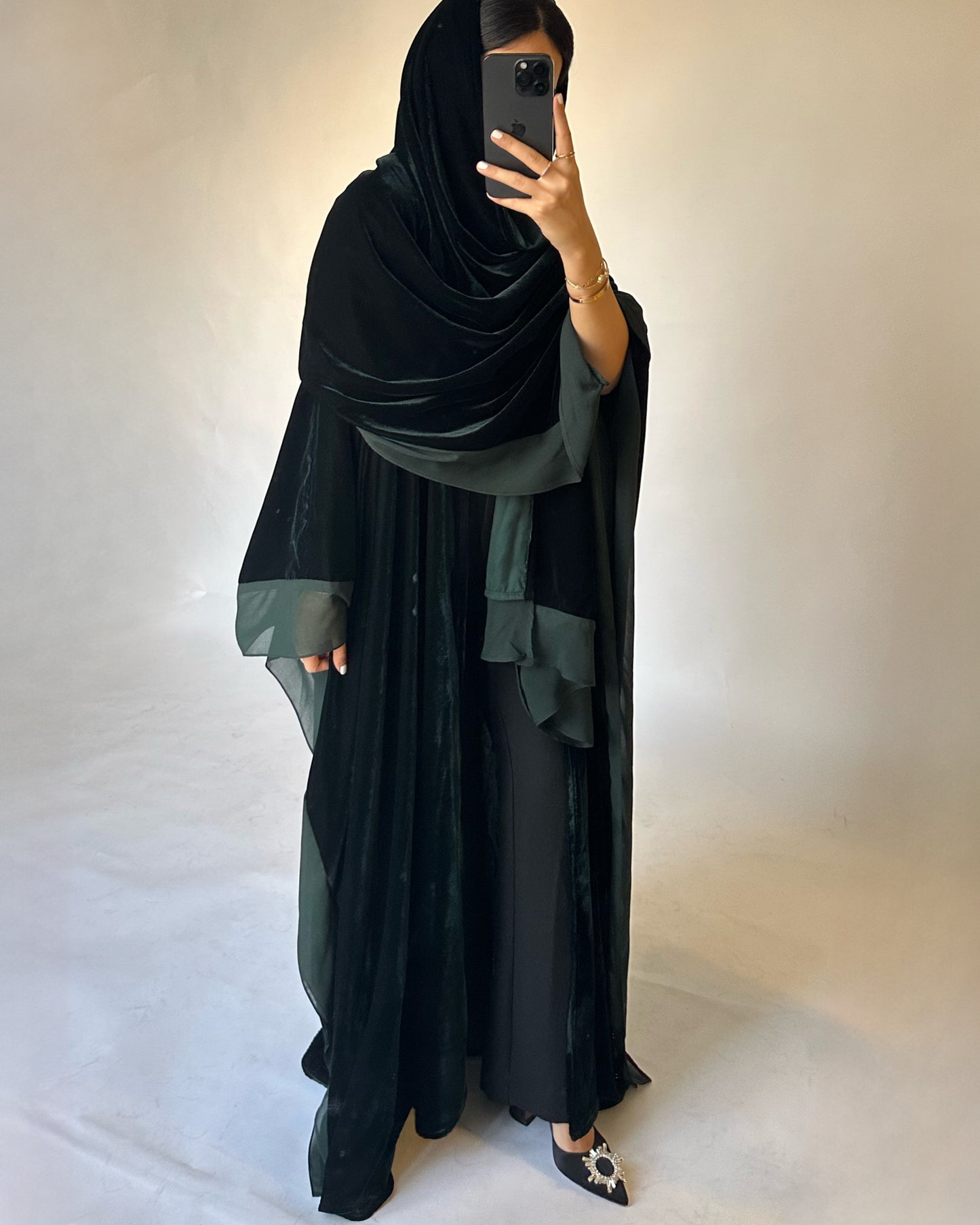 A139 - Green Velvet Abaya, Velvet Head Scarf & Chiffon Dress