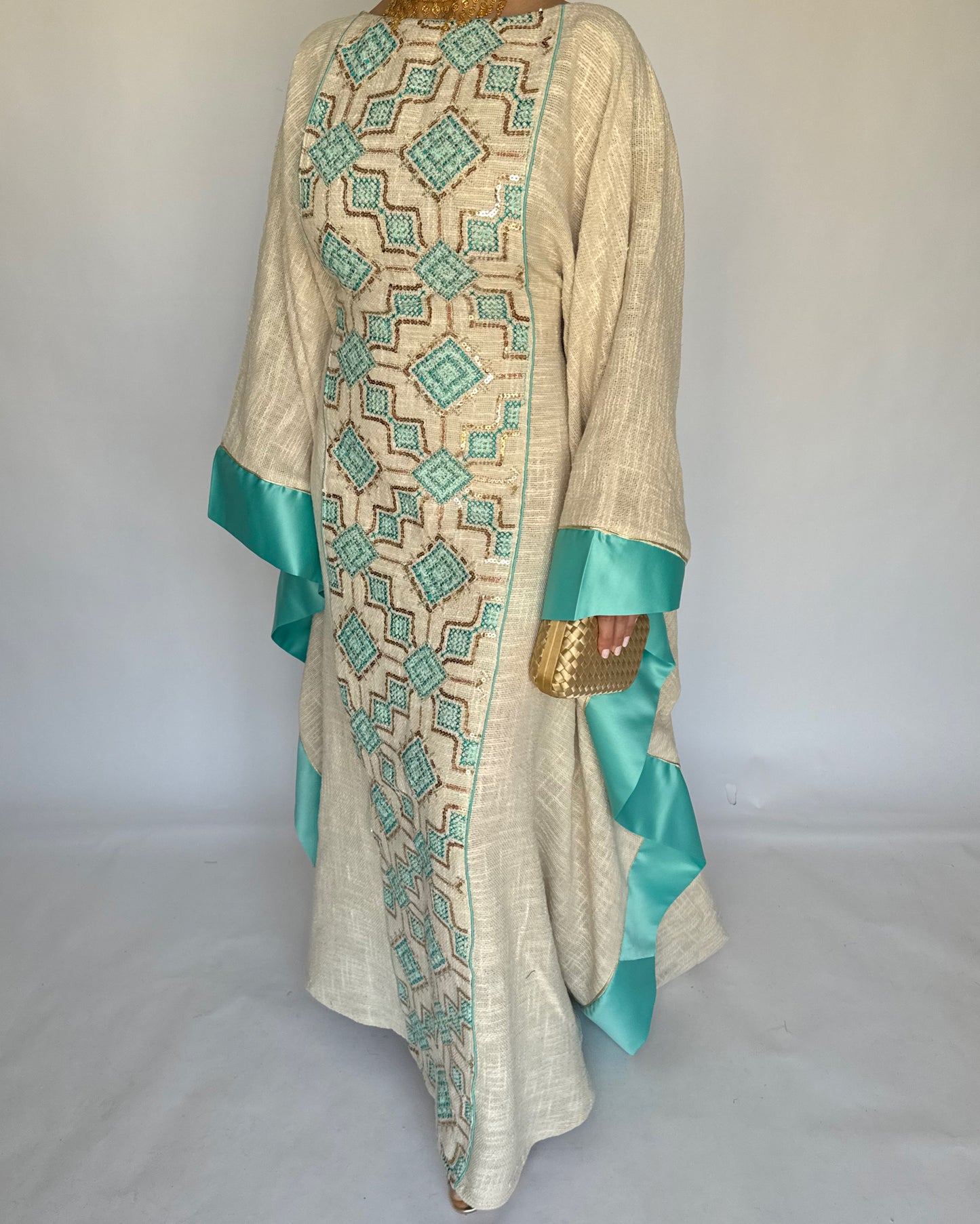 A335 - Blue & Beige Linen Butterfly Cut Jalabiya