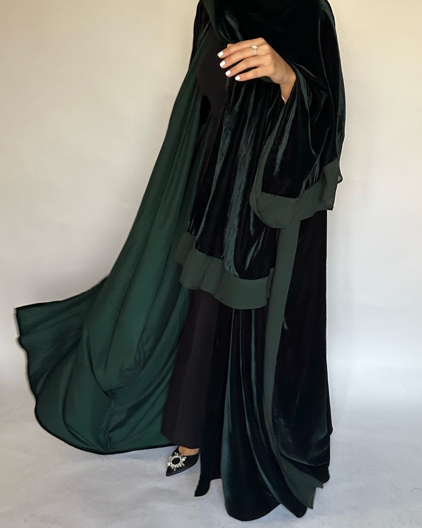 A139 - Green Velvet Abaya, Velvet Head Scarf & Chiffon Dress