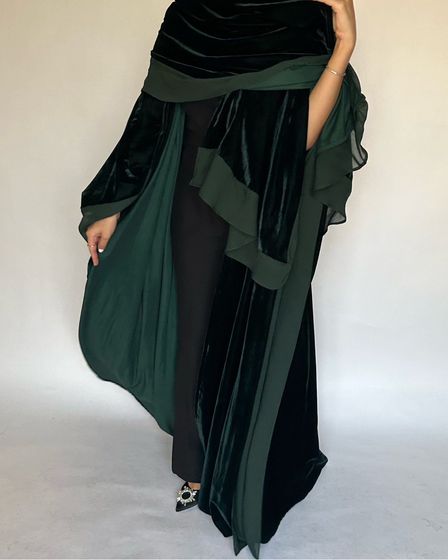 A139 - Green Velvet Abaya, Velvet Head Scarf & Chiffon Dress