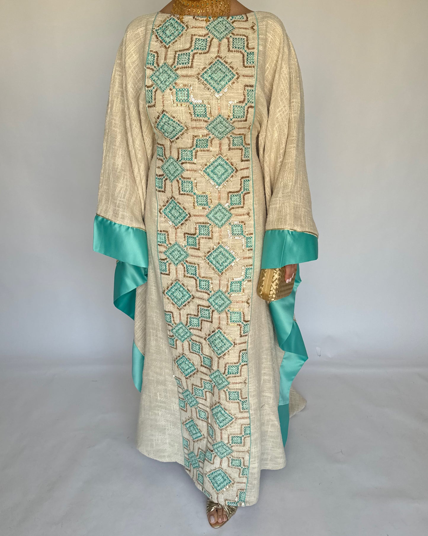 A335 - Blue & Beige Linen Butterfly Cut Jalabiya