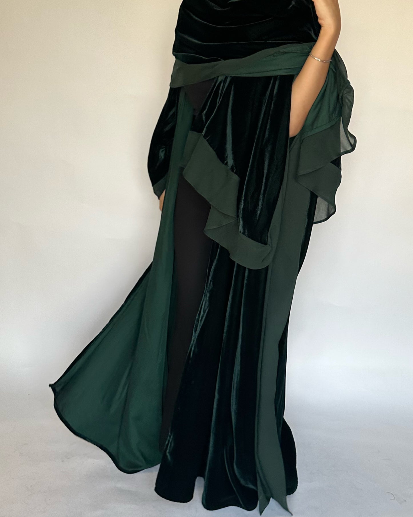 A139 - Green Velvet Abaya, Velvet Head Scarf & Chiffon Dress