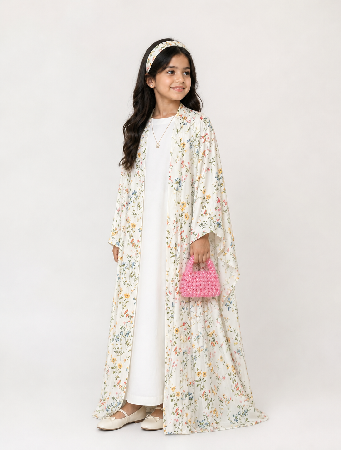 A582 - KIDS Off-White Summery Flower Abaya & Matching Head Band