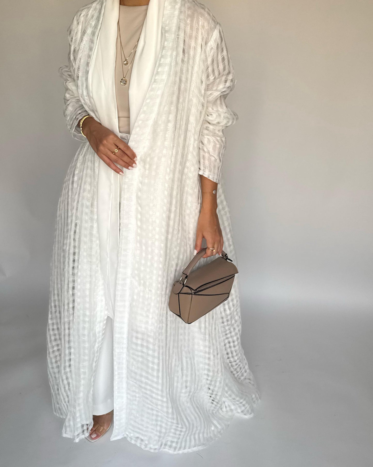 A448 - Off-White A-Cut Linen Checkered Summery Daily Abaya