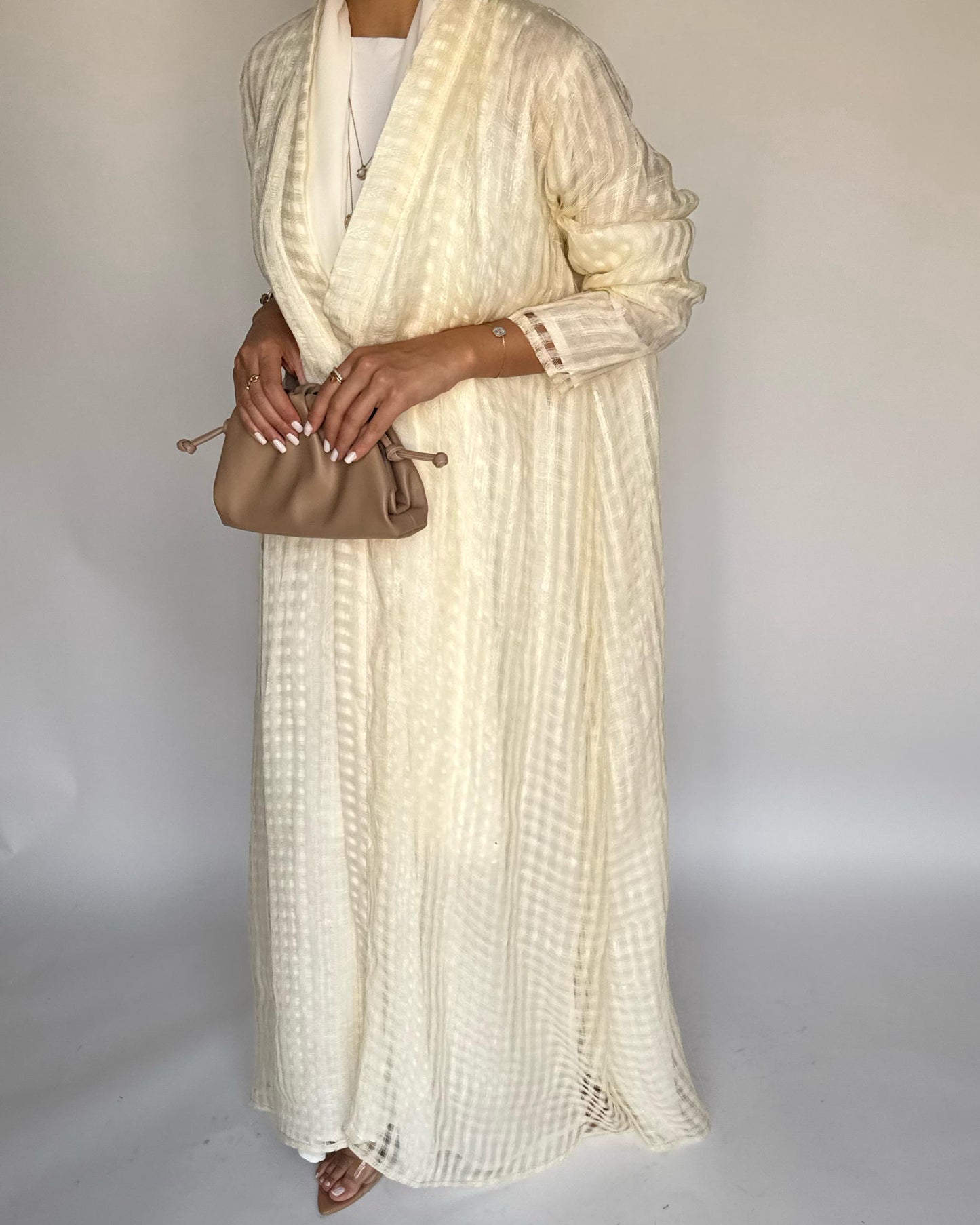 A447 - Cream A-Cut Linen Checkered Summery Daily Abaya