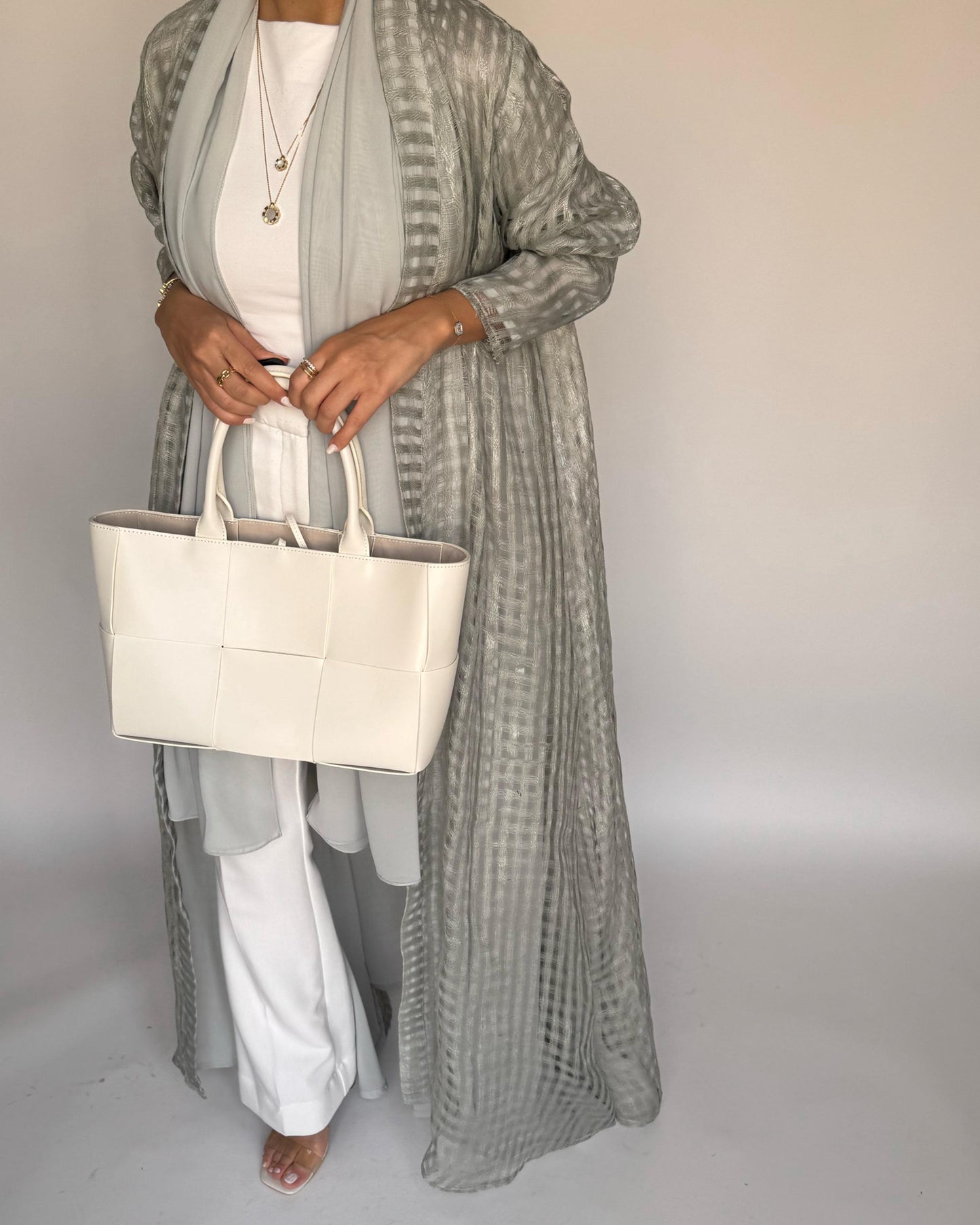 A450 - Gray A-Cut Linen Checkered Summery Daily Abaya
