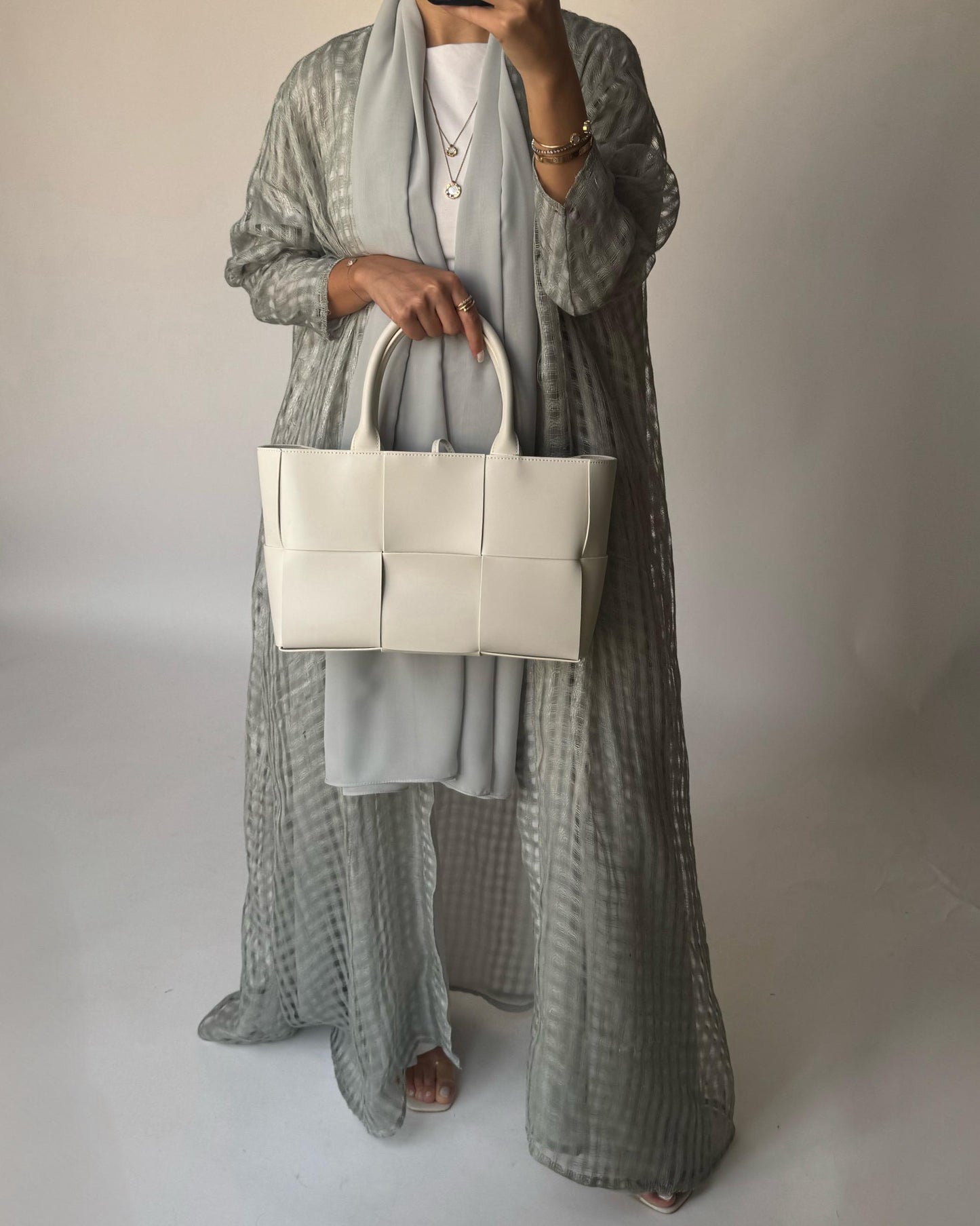 A450 - Gray A-Cut Linen Checkered Summery Daily Abaya
