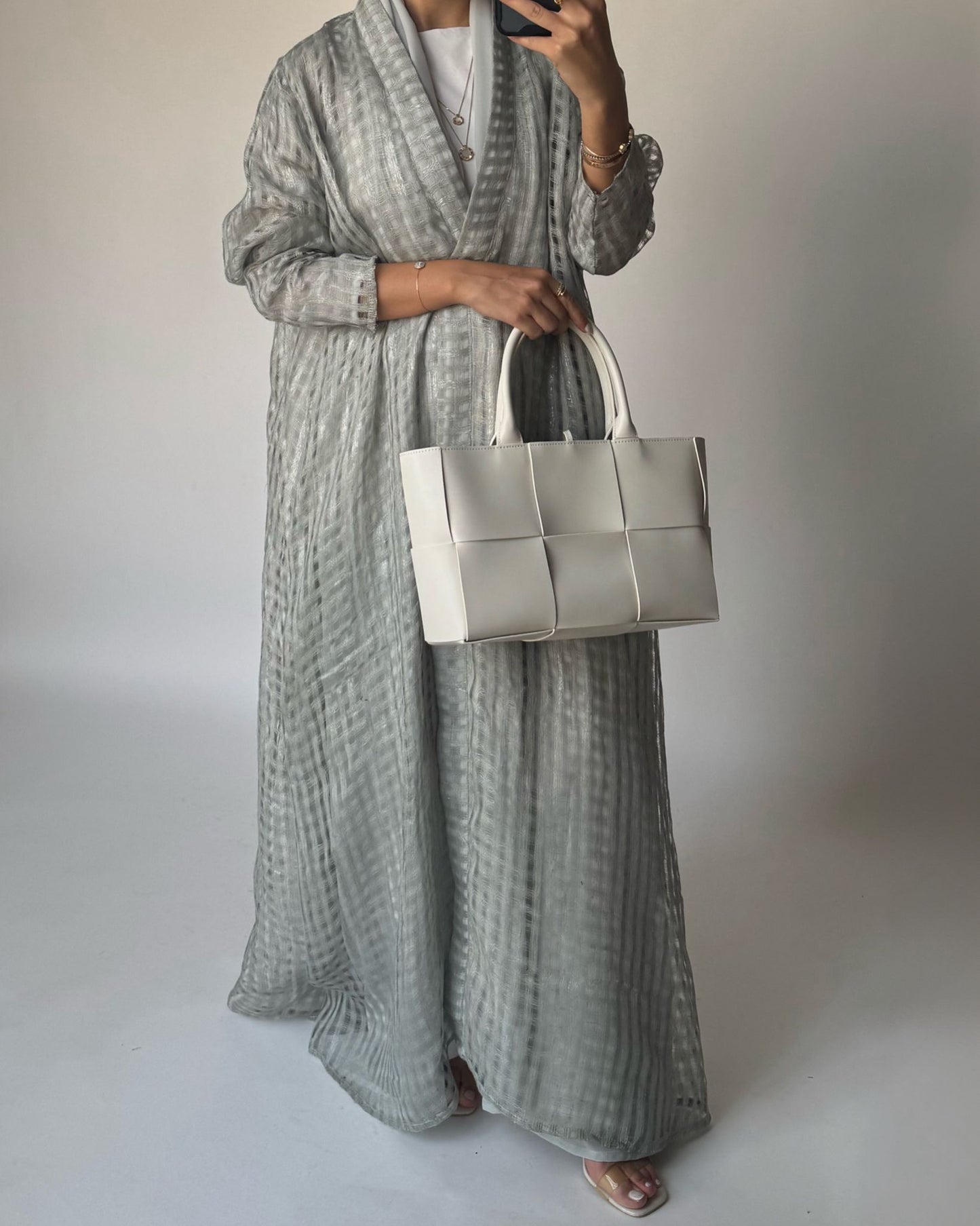 A450 - Gray A-Cut Linen Checkered Summery Daily Abaya