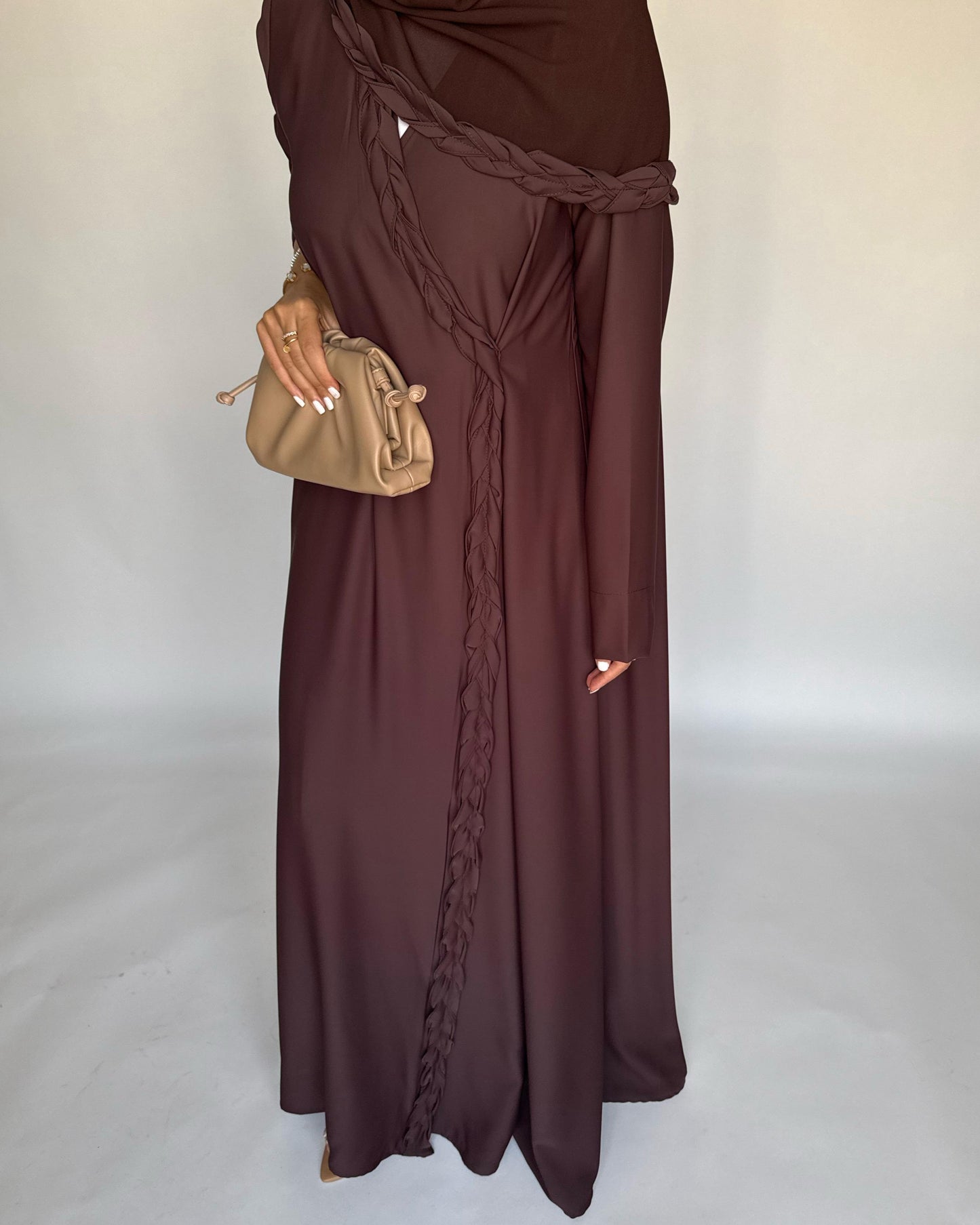 A463 - Chocolate Brown Braided Crepe Abaya with Matching Head Scarf