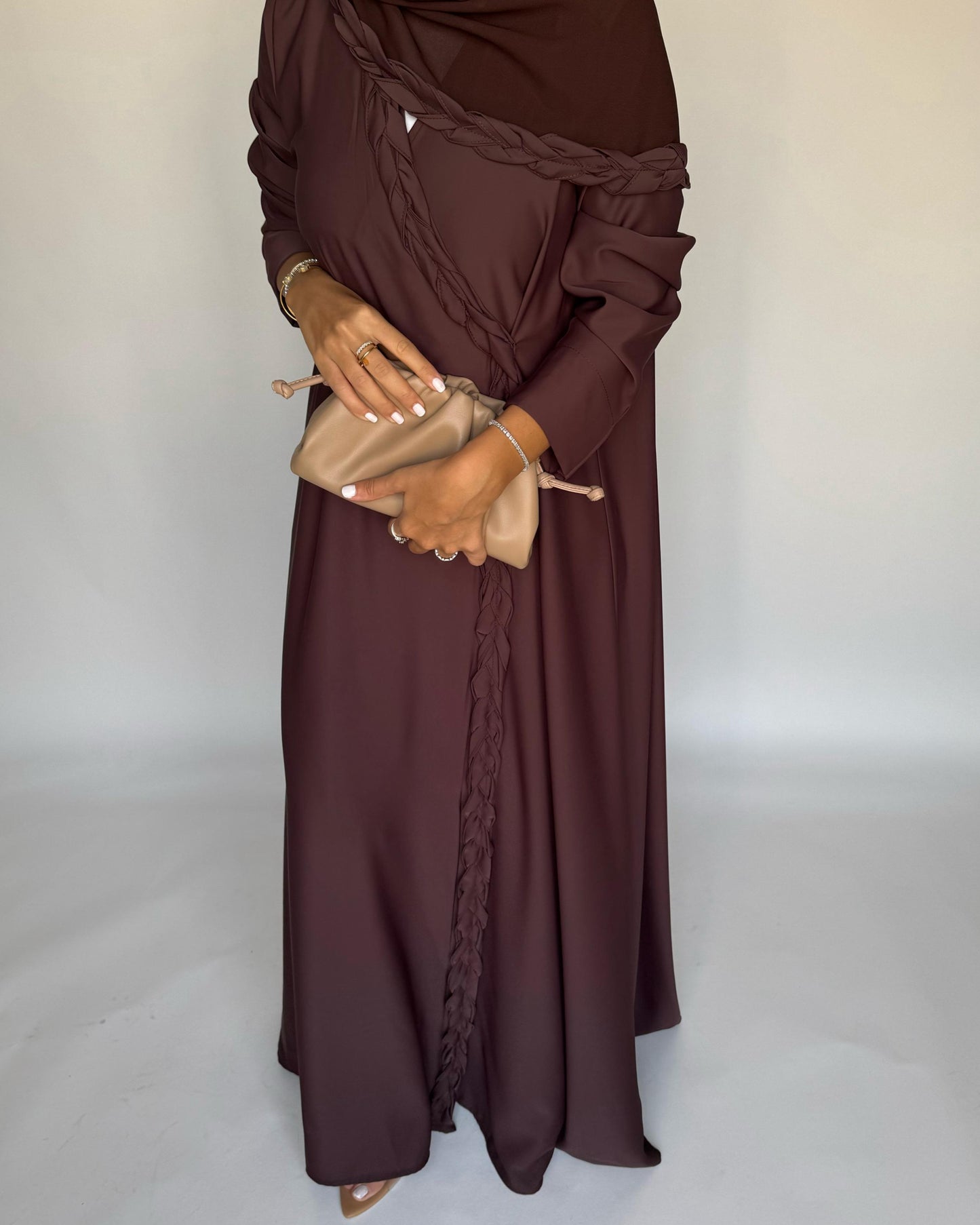 A463 - Chocolate Brown Braided Crepe Abaya with Matching Head Scarf