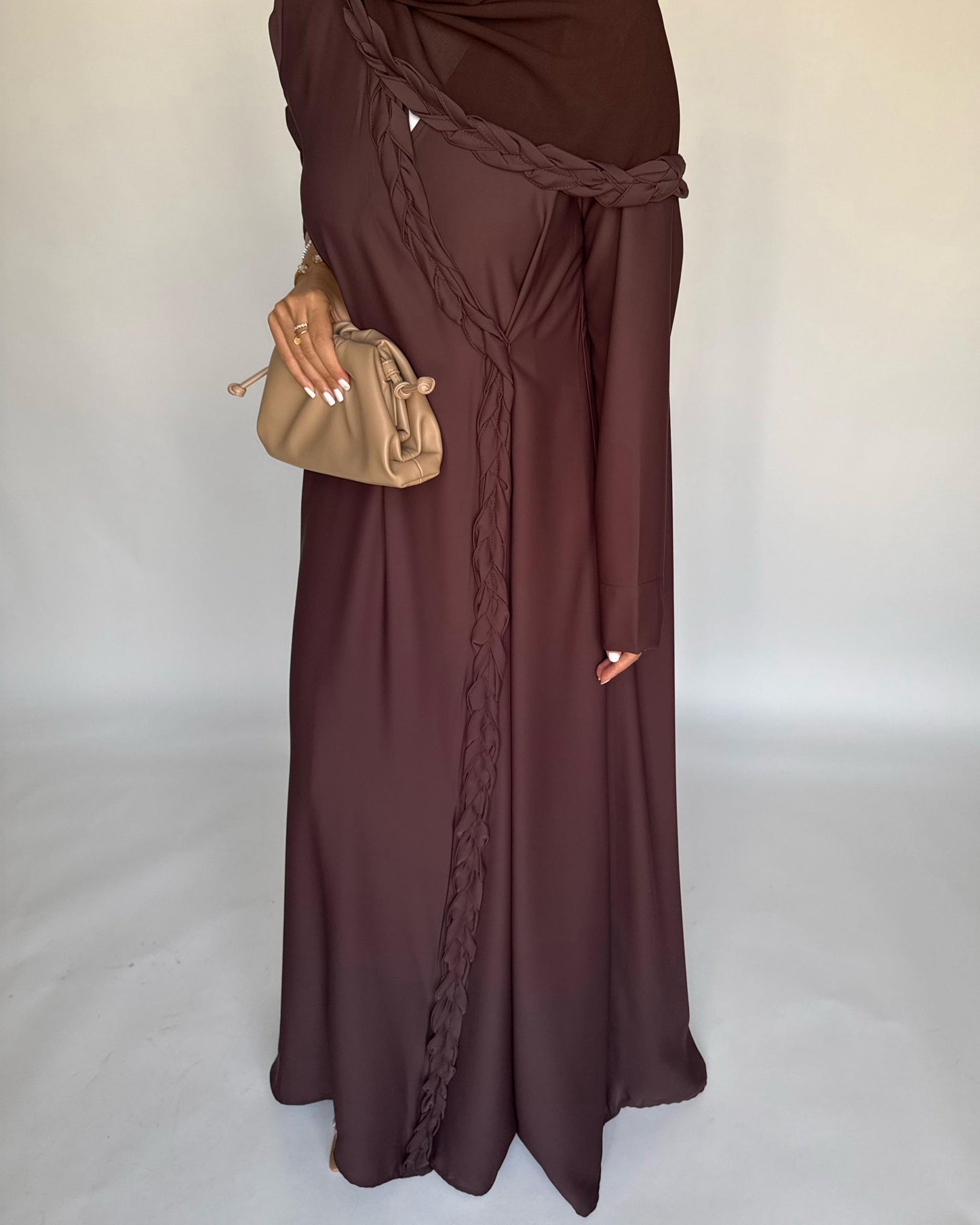 A463 - Chocolate Brown Braided Crepe Abaya with Matching Head Scarf