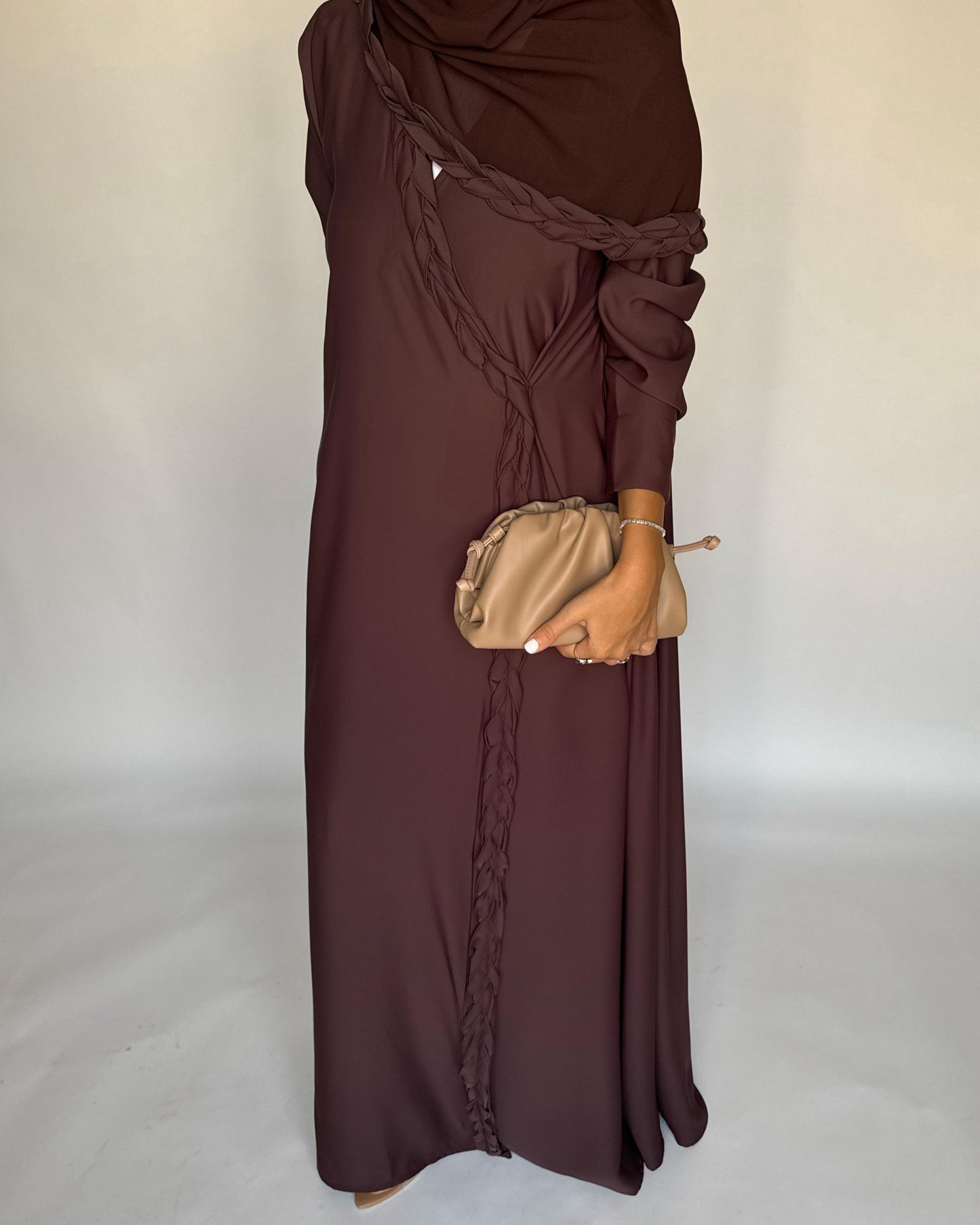 A463 - Chocolate Brown Braided Crepe Abaya with Matching Head Scarf