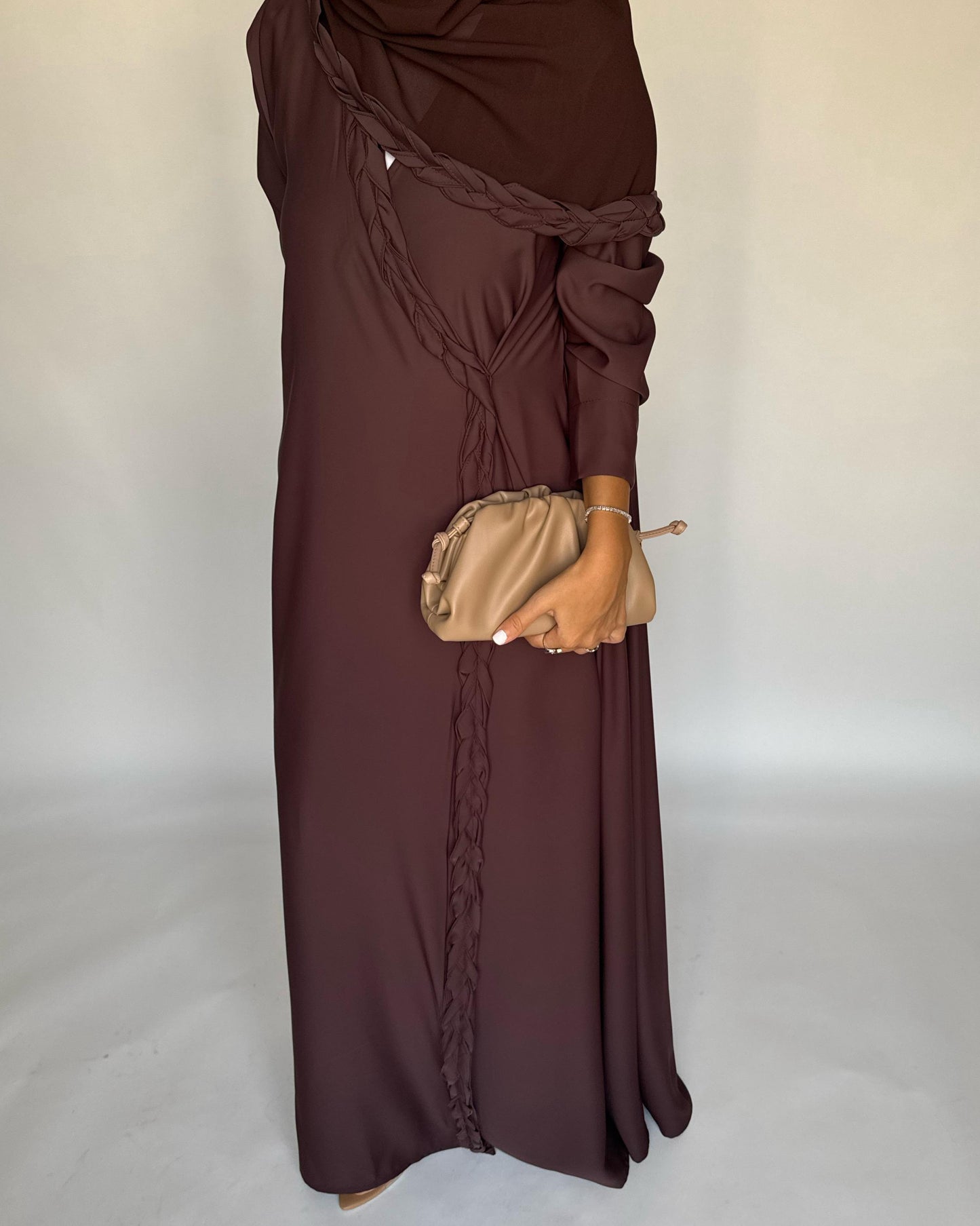 A463 - Chocolate Brown Braided Crepe Abaya with Matching Head Scarf
