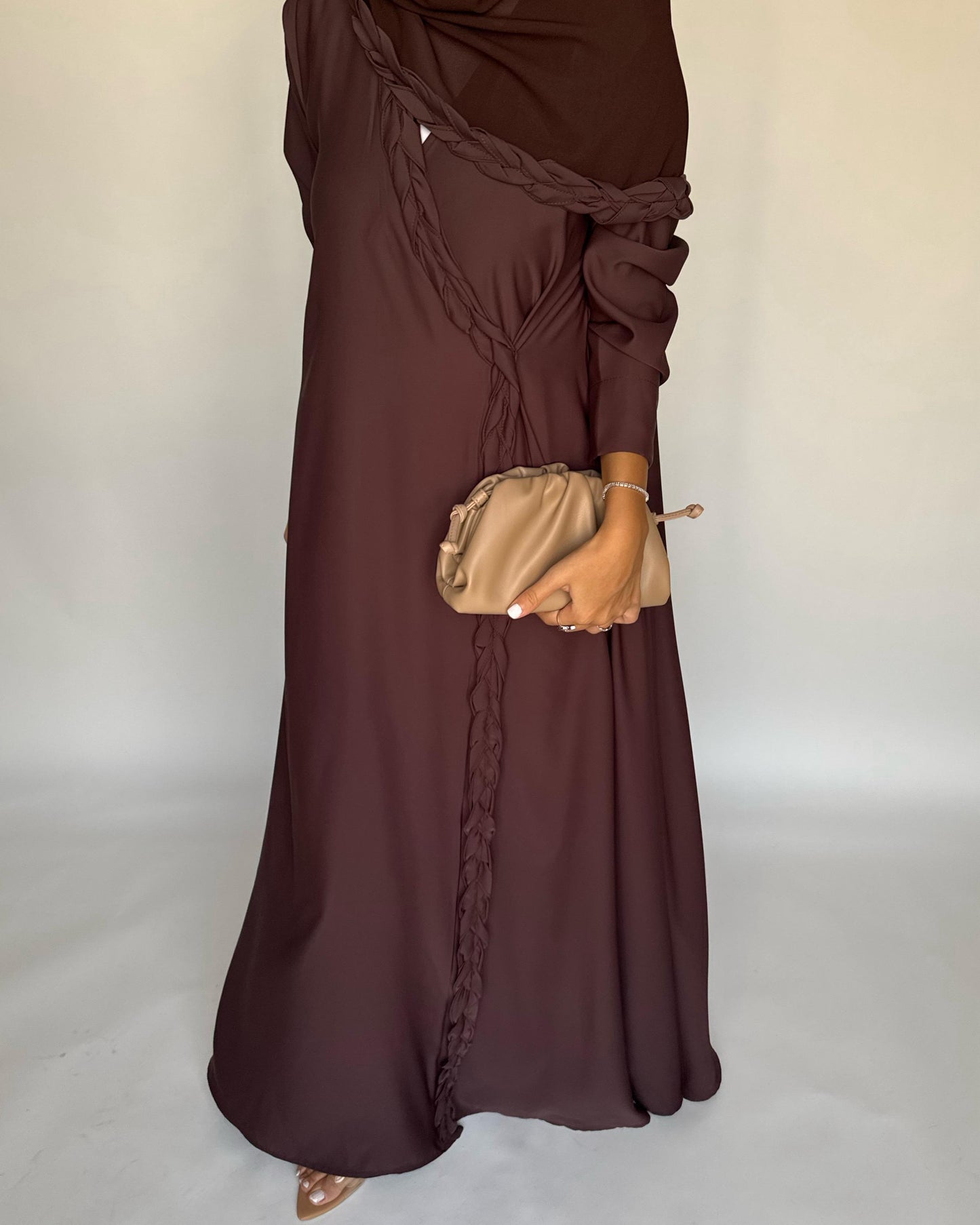 A463 - Chocolate Brown Braided Crepe Abaya with Matching Head Scarf