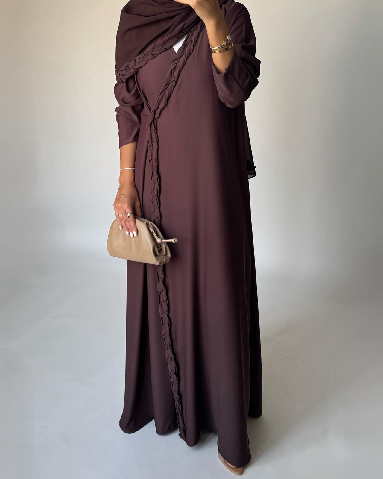 A463 - Chocolate Brown Braided Crepe Abaya with Matching Head Scarf