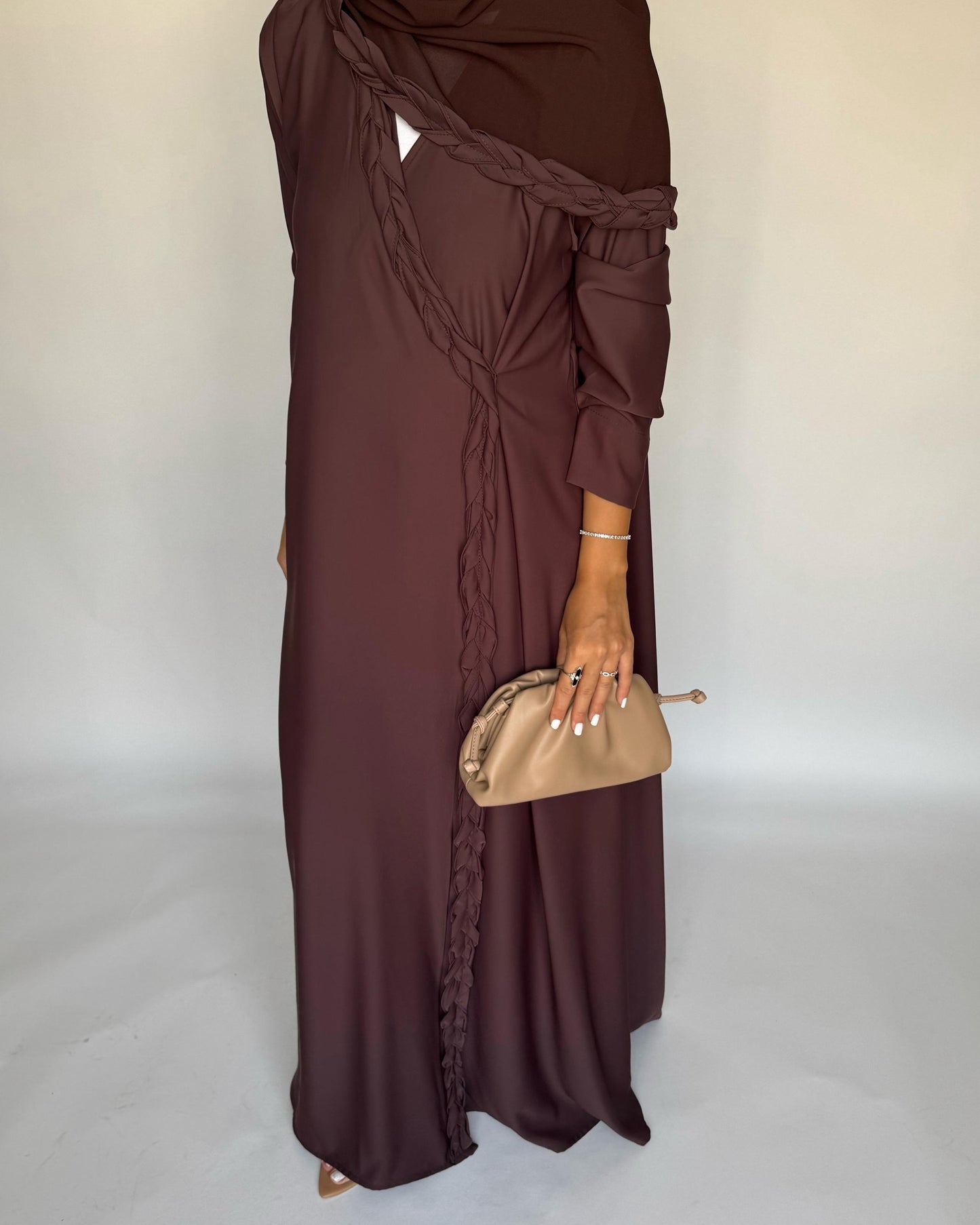 A463 - Chocolate Brown Braided Crepe Abaya with Matching Head Scarf
