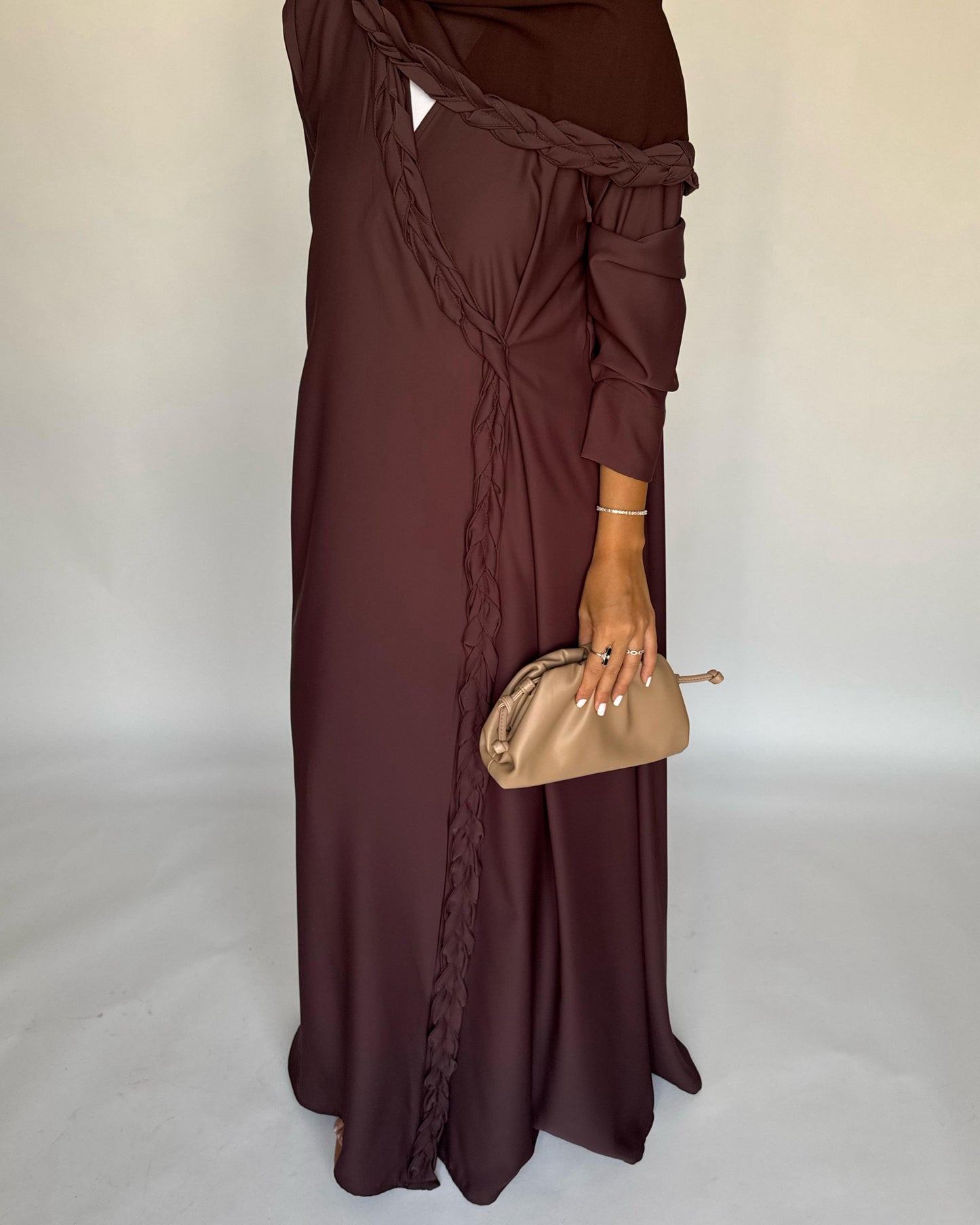 A463 - Chocolate Brown Braided Crepe Abaya with Matching Head Scarf