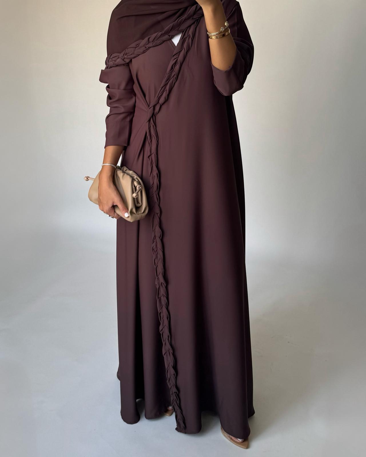 A463 - Chocolate Brown Braided Crepe Abaya with Matching Head Scarf