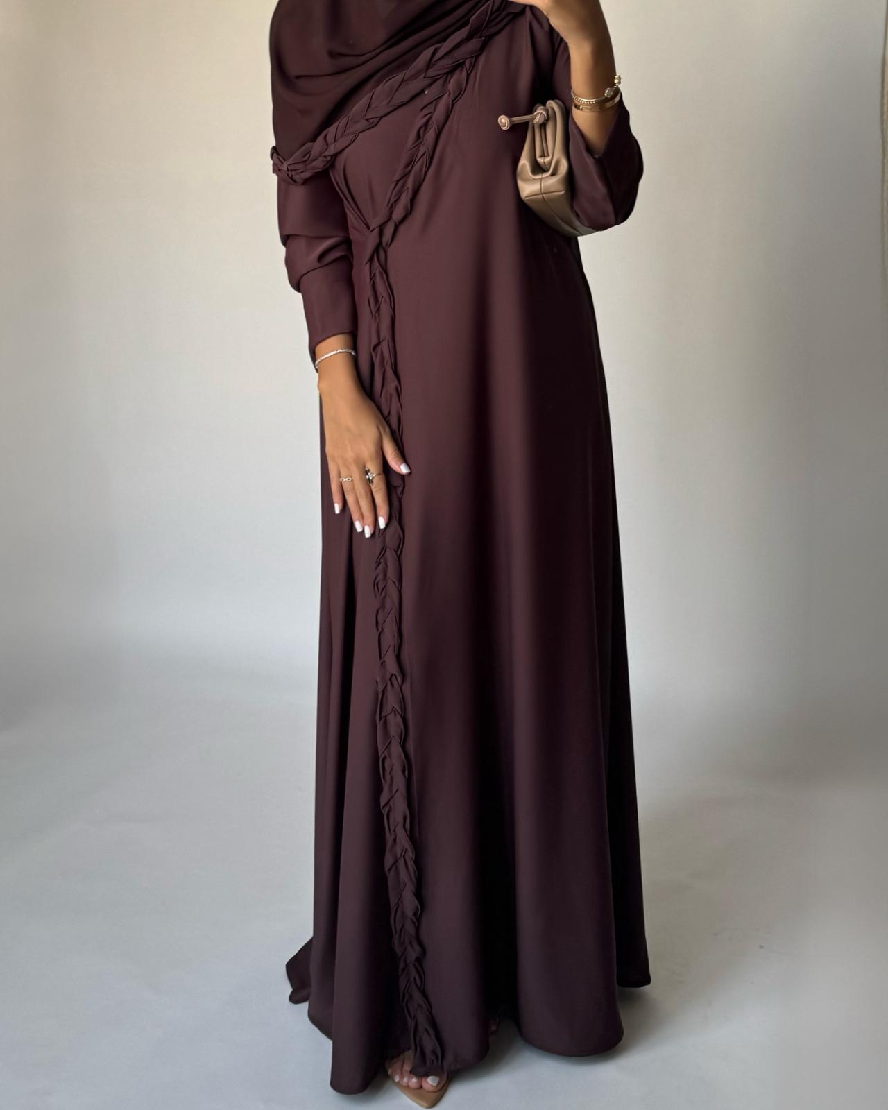 A463 - Chocolate Brown Braided Crepe Abaya with Matching Head Scarf