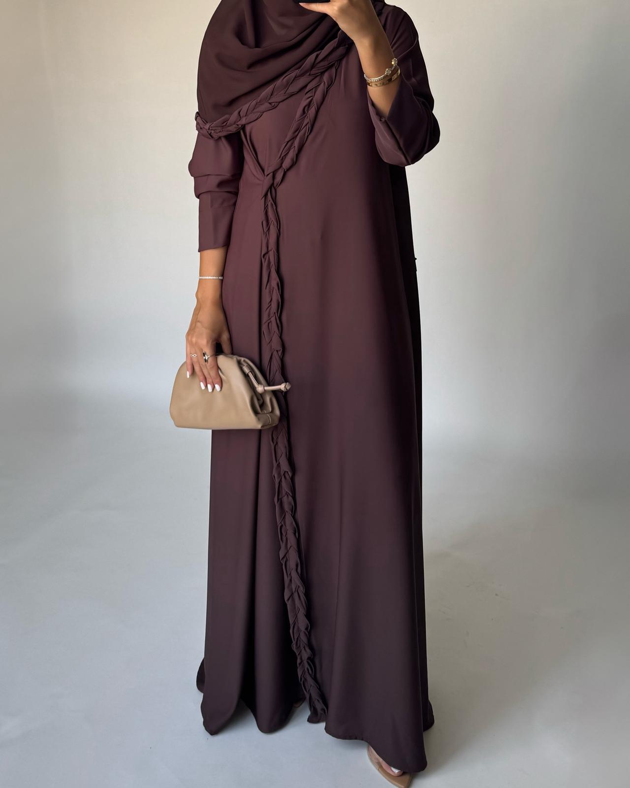 A463 - Chocolate Brown Braided Crepe Abaya with Matching Head Scarf