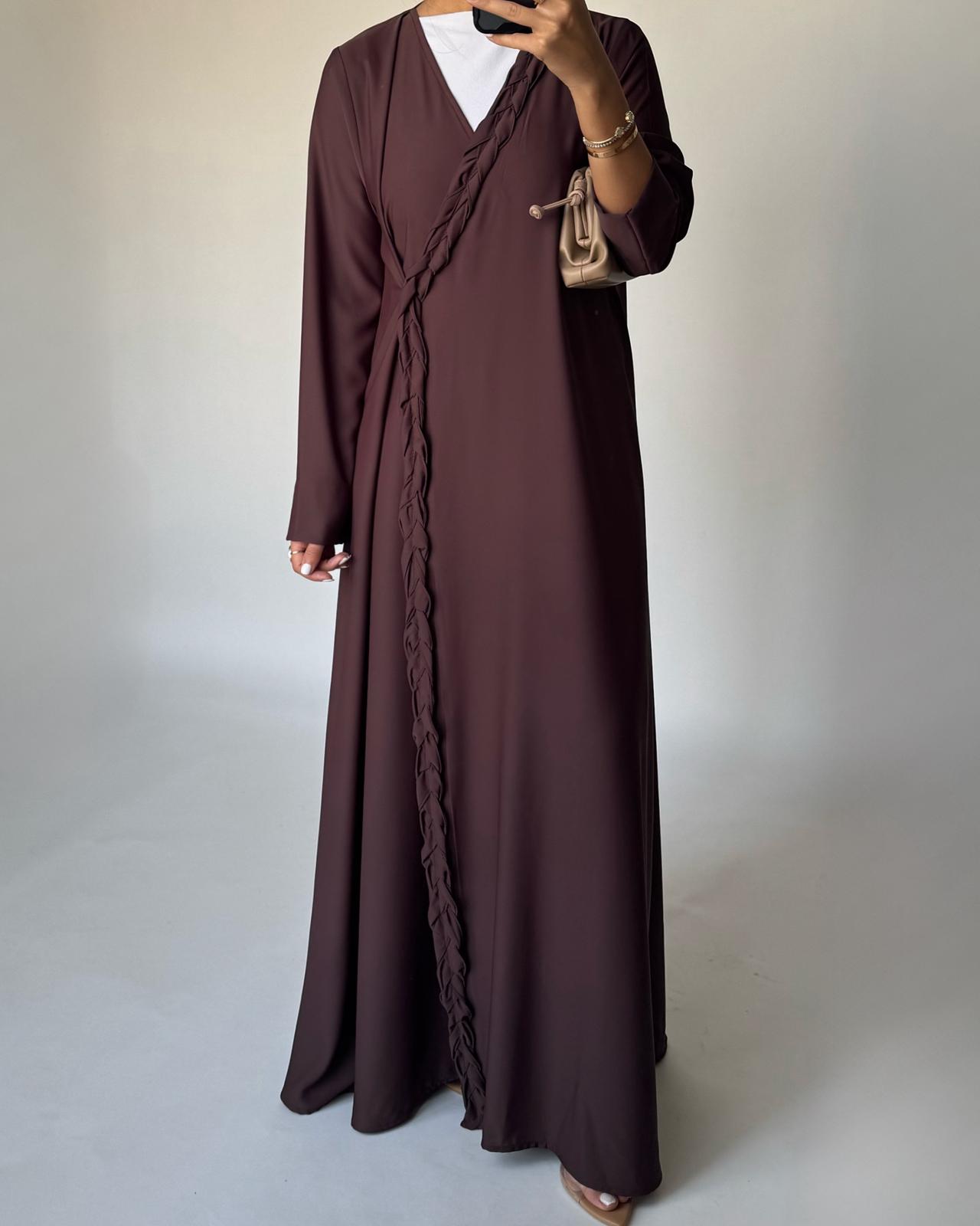 A463 - Chocolate Brown Braided Crepe Abaya with Matching Head Scarf