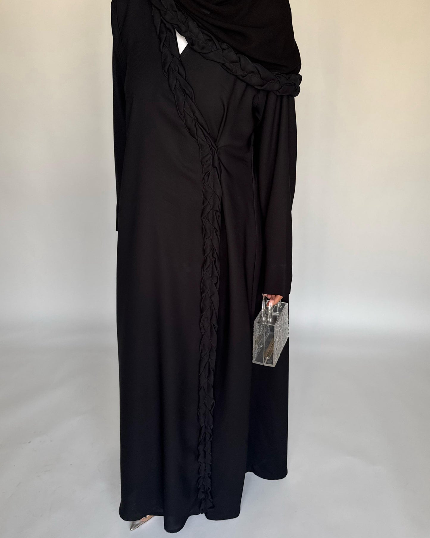 A466 - Black Braided Crepe Abaya with Matching Head Scarf
