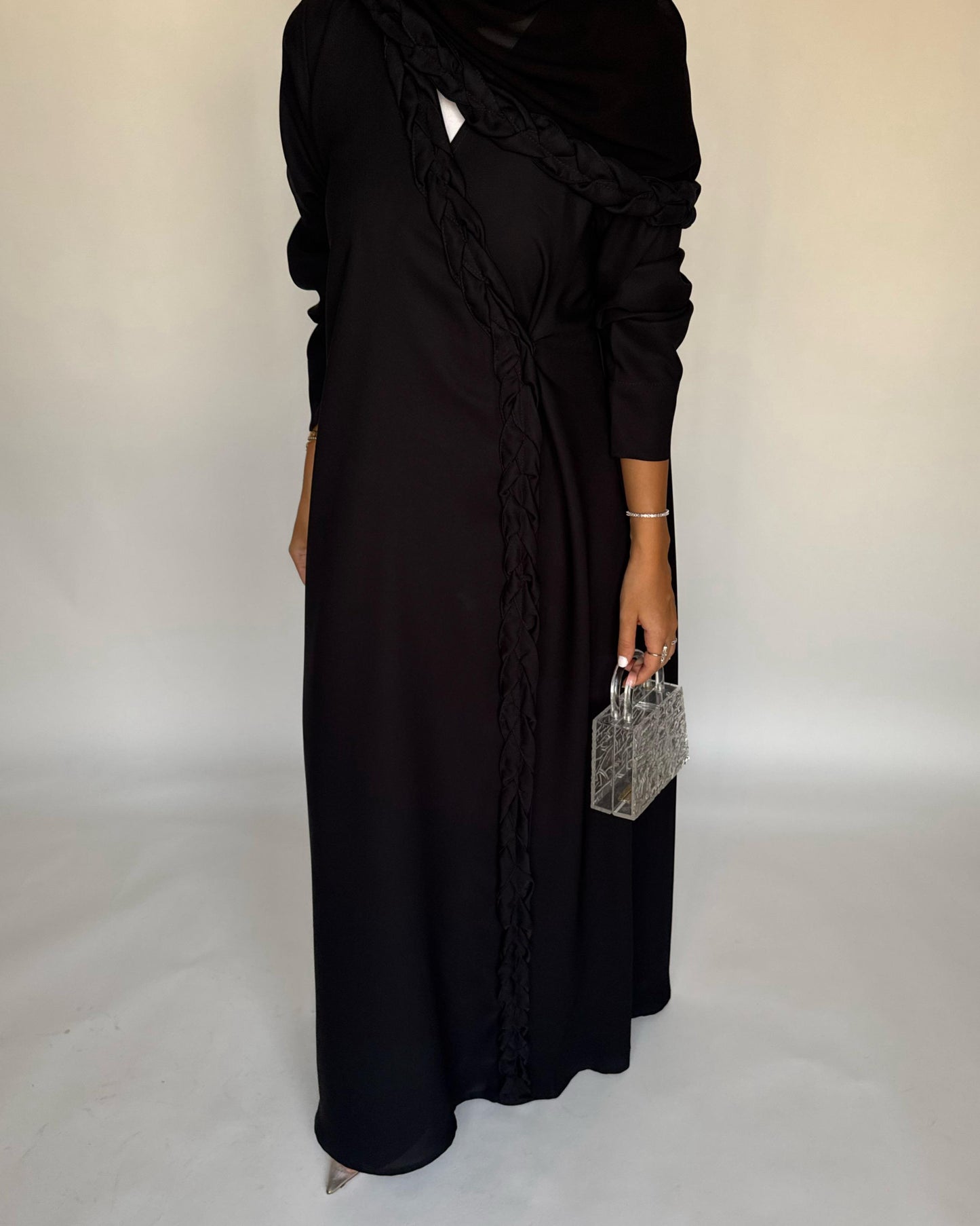 A466 - Black Braided Crepe Abaya with Matching Head Scarf