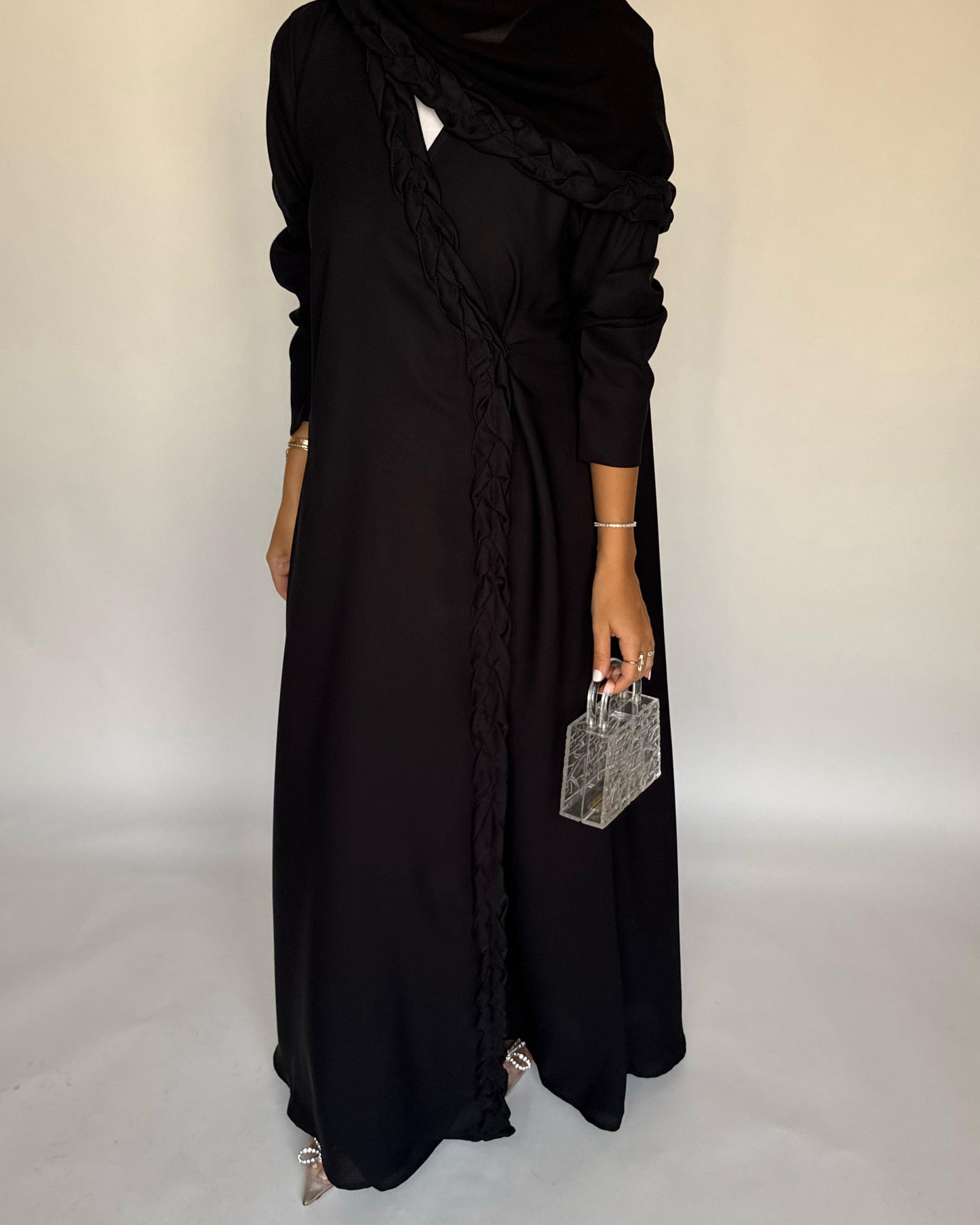 A466 - Black Braided Crepe Abaya with Matching Head Scarf