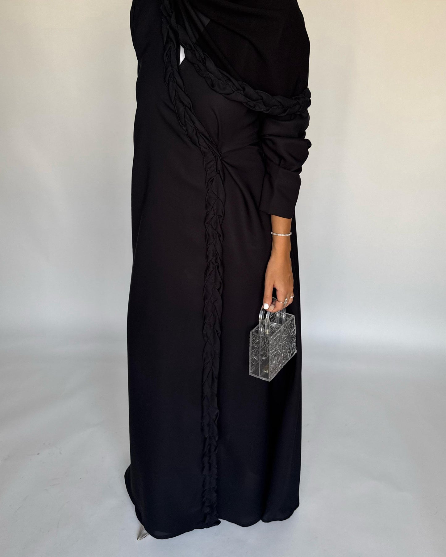 A466 - Black Braided Crepe Abaya with Matching Head Scarf