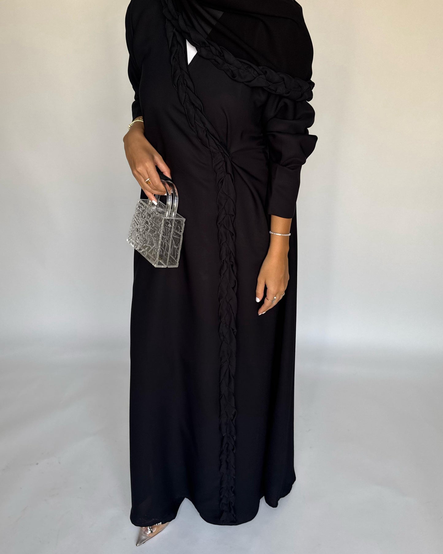 A466 - Black Braided Crepe Abaya with Matching Head Scarf