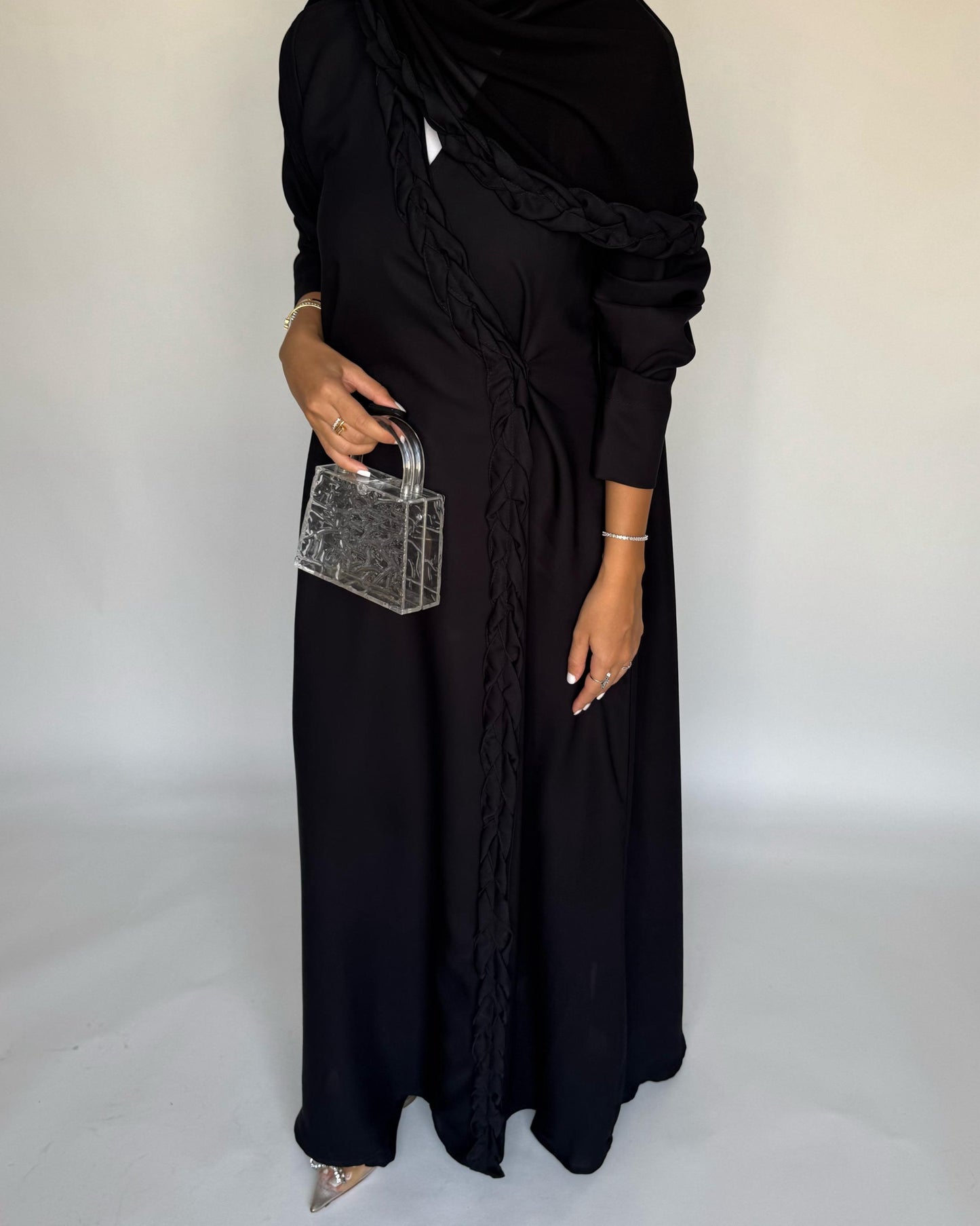 A466 - Black Braided Crepe Abaya with Matching Head Scarf