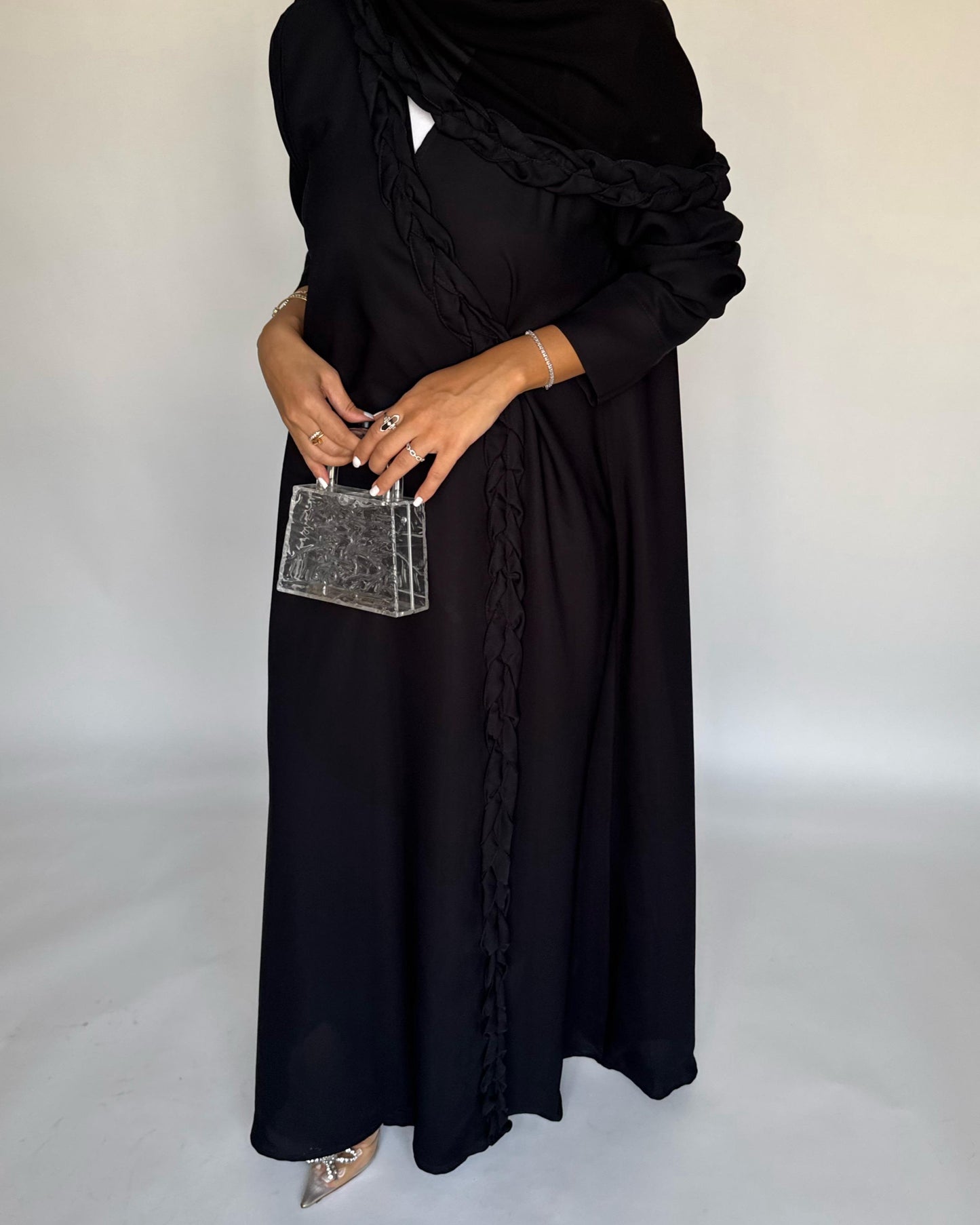 A466 - Black Braided Crepe Abaya with Matching Head Scarf
