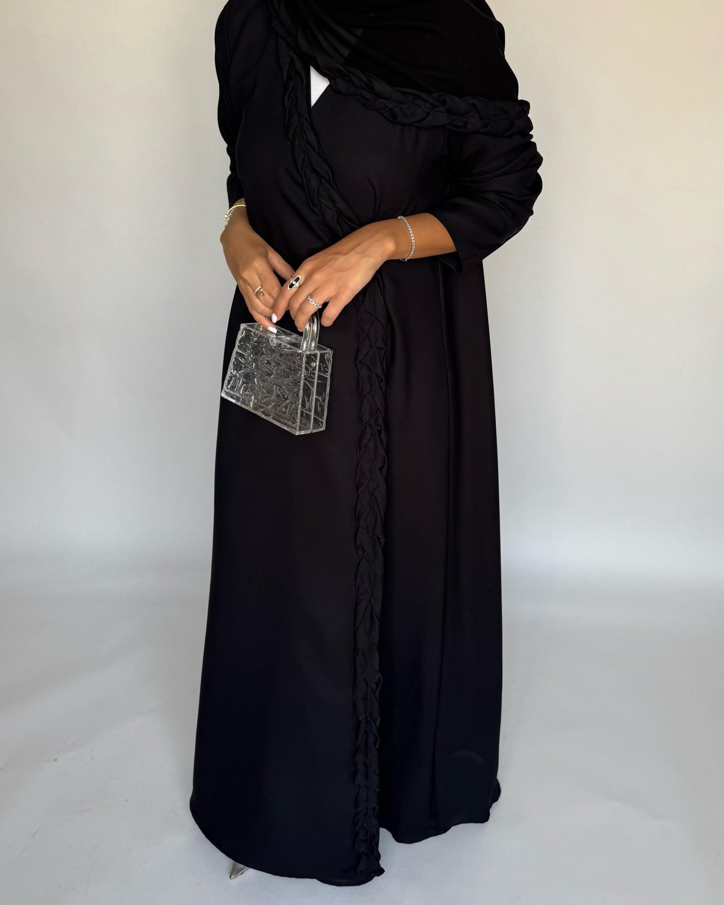 A466 - Black Braided Crepe Abaya with Matching Head Scarf
