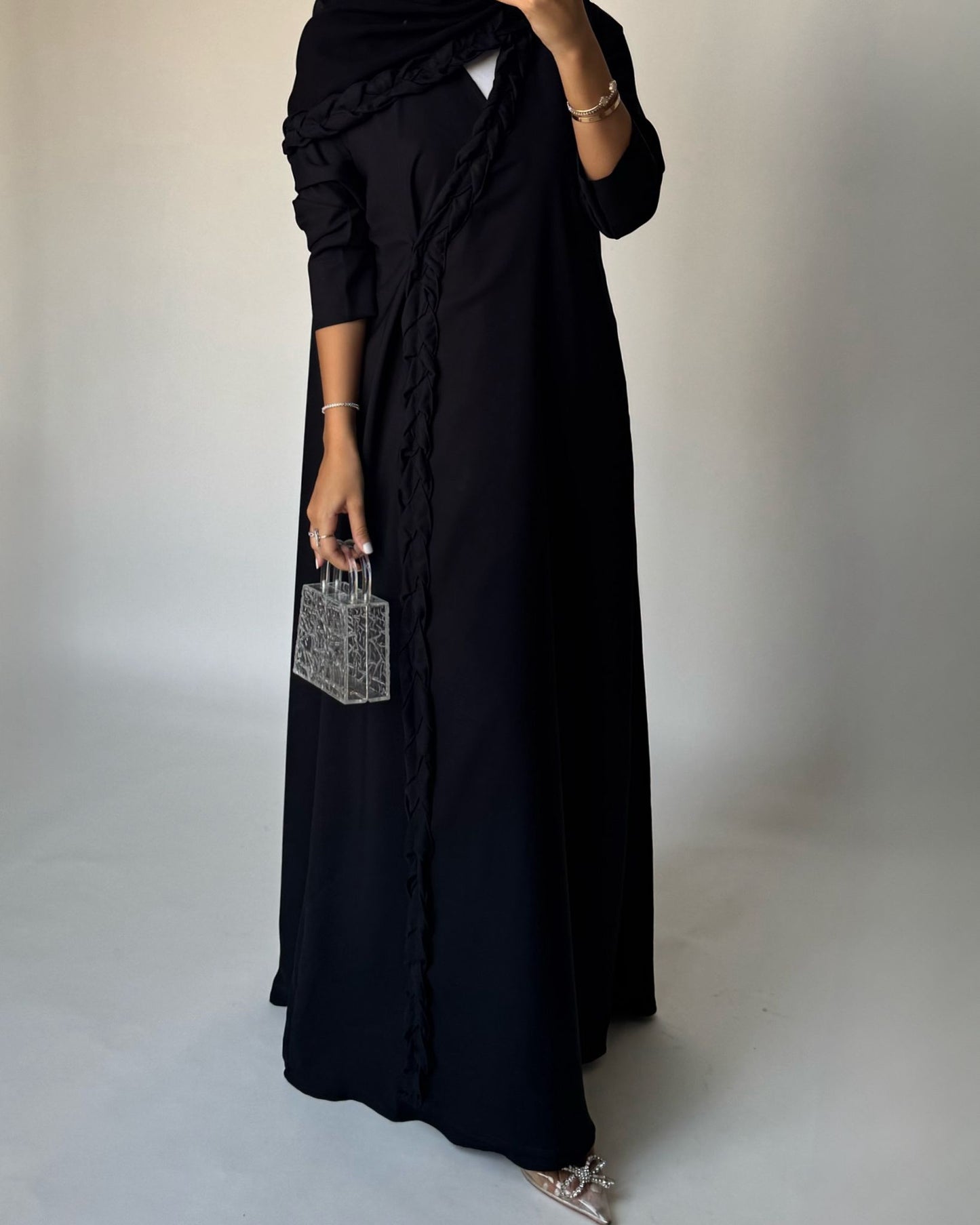 A466 - Black Braided Crepe Abaya with Matching Head Scarf