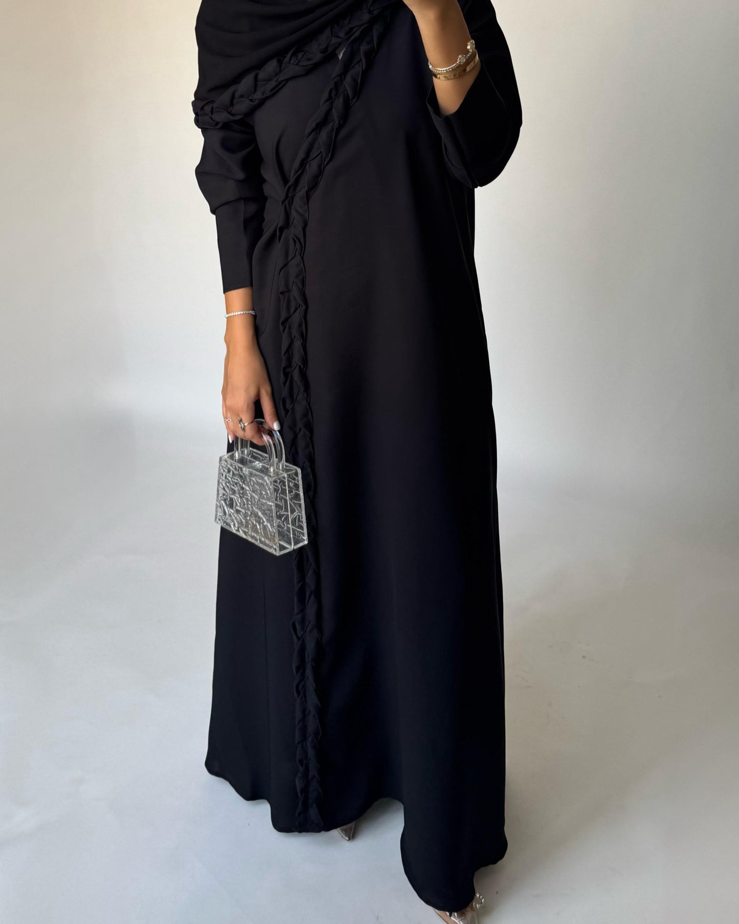 A466 - Black Braided Crepe Abaya with Matching Head Scarf