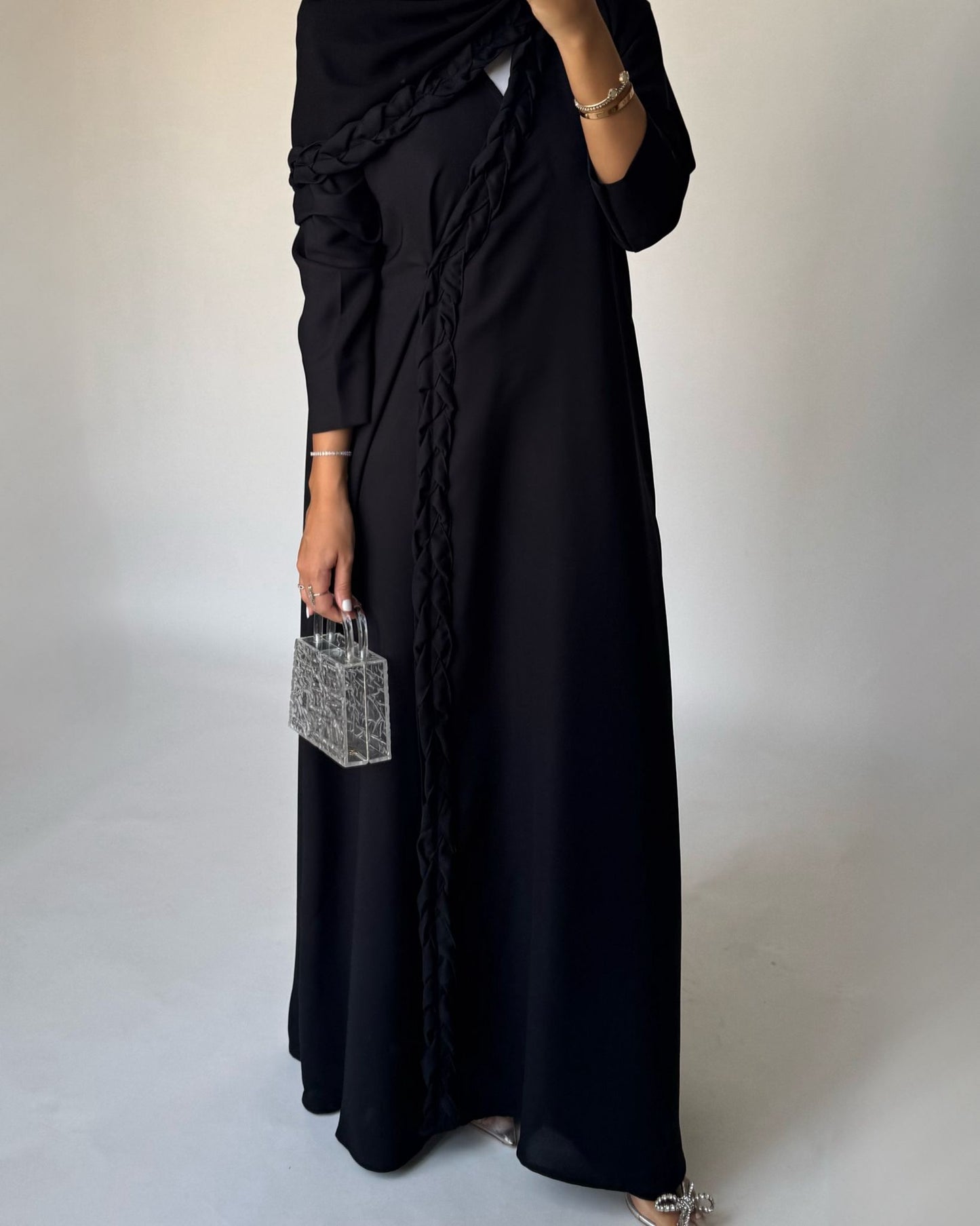 A466 - Black Braided Crepe Abaya with Matching Head Scarf