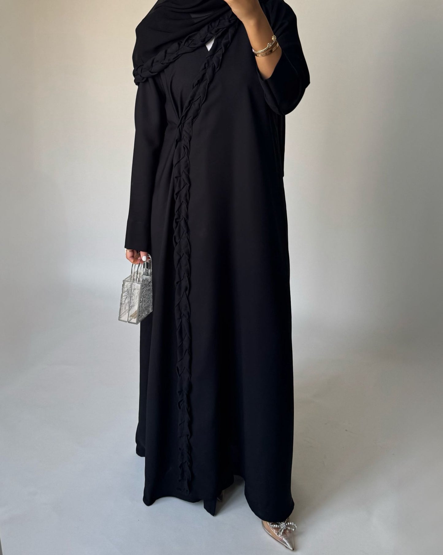 A466 - Black Braided Crepe Abaya with Matching Head Scarf