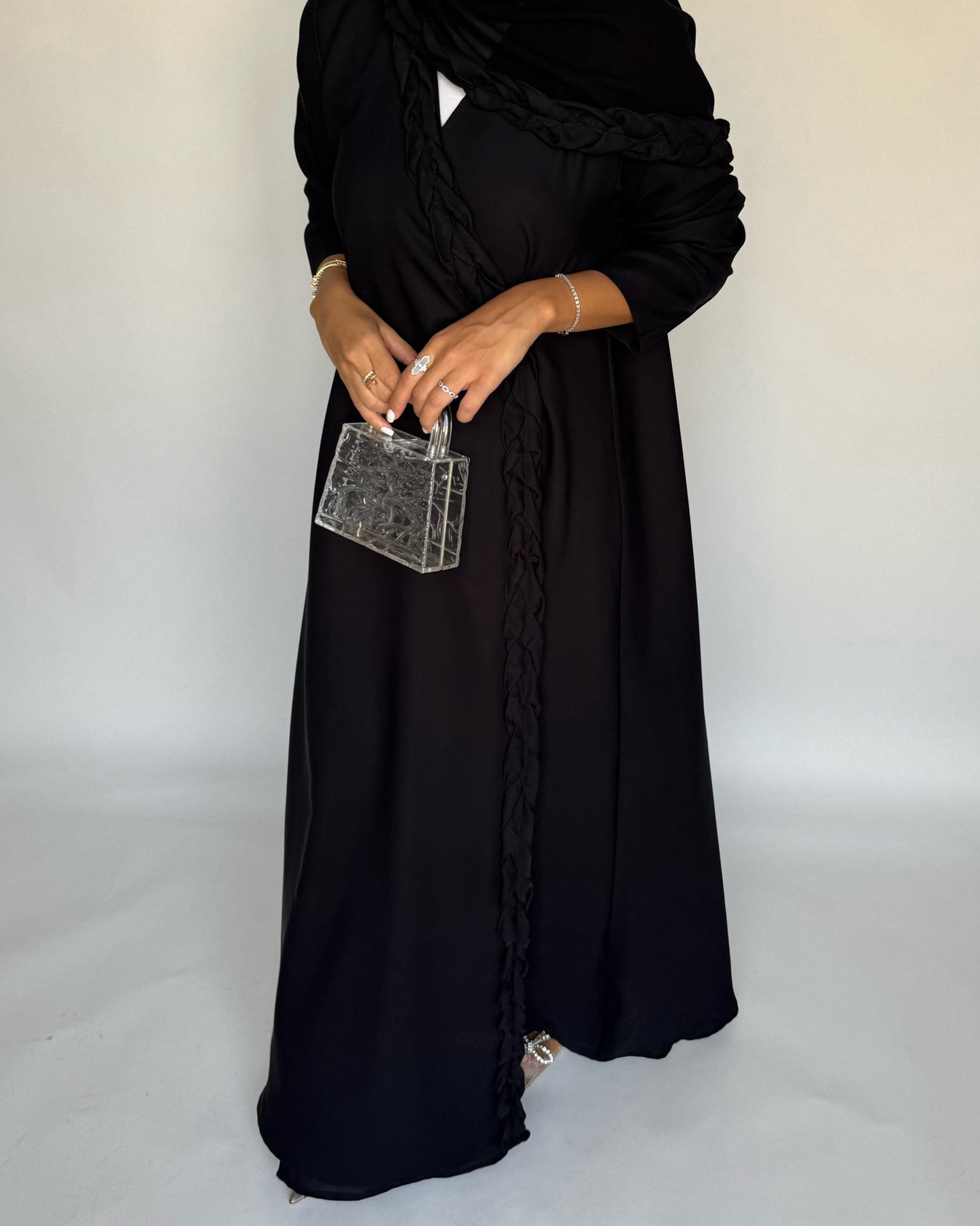 A466 - Black Braided Crepe Abaya with Matching Head Scarf