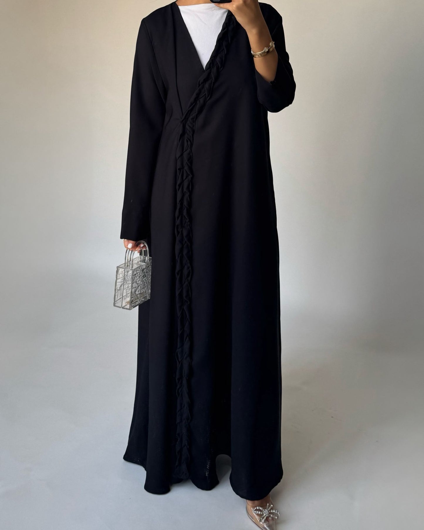 A466 - Black Braided Crepe Abaya with Matching Head Scarf