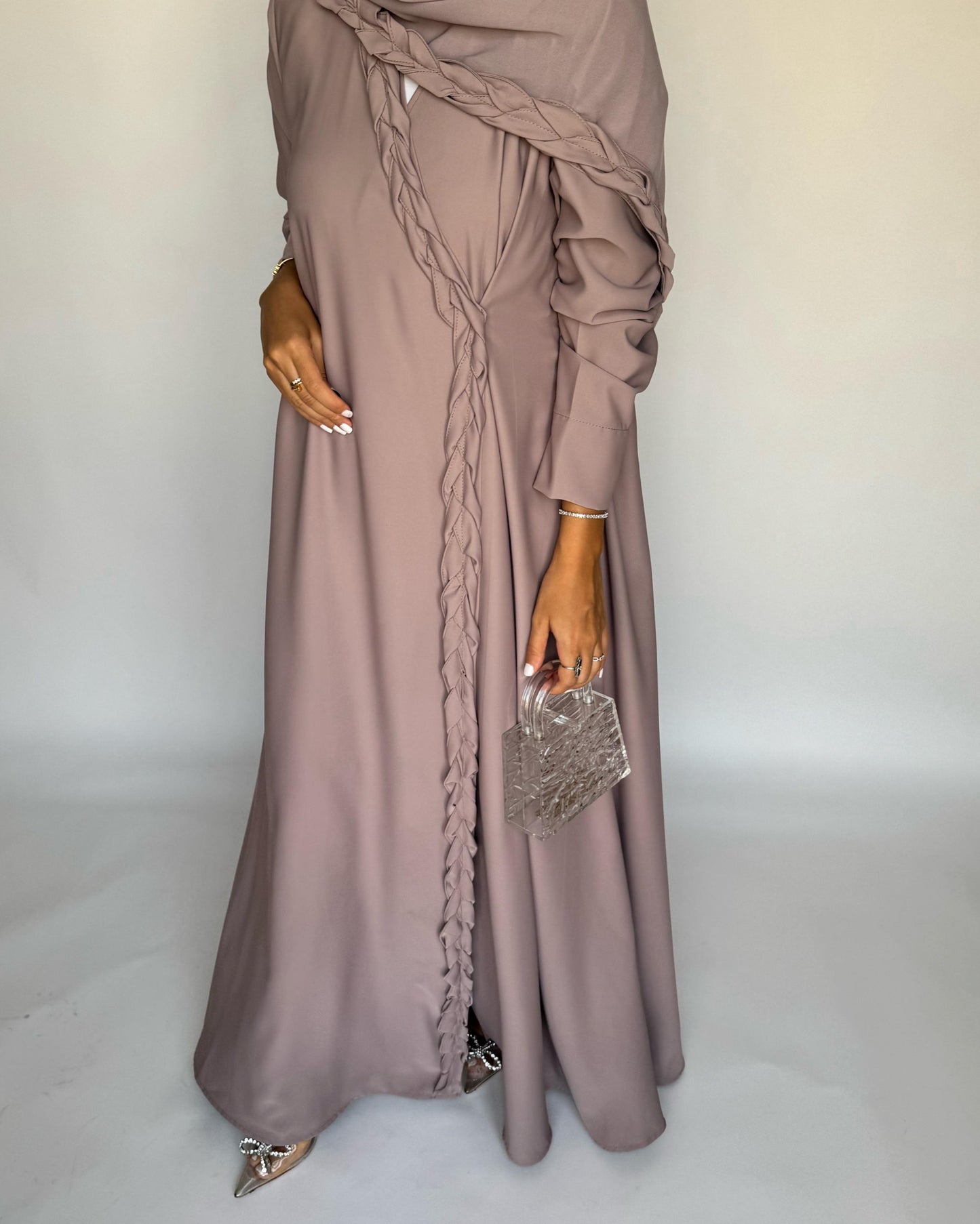 A462 - Taupe Braided Crepe Abaya with Matching Head Scarf