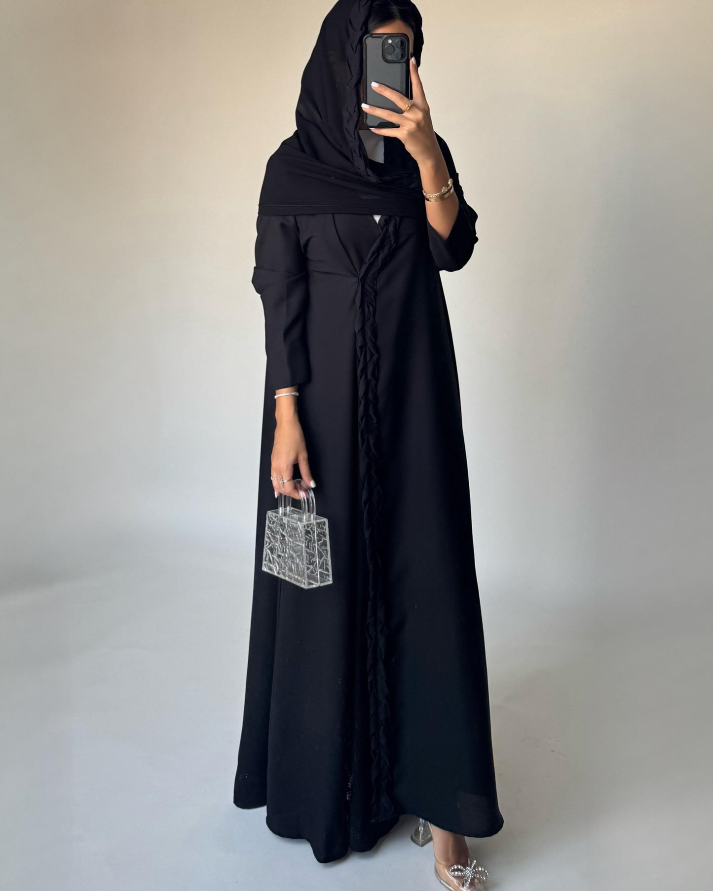 A466 - Black Braided Crepe Abaya with Matching Head Scarf