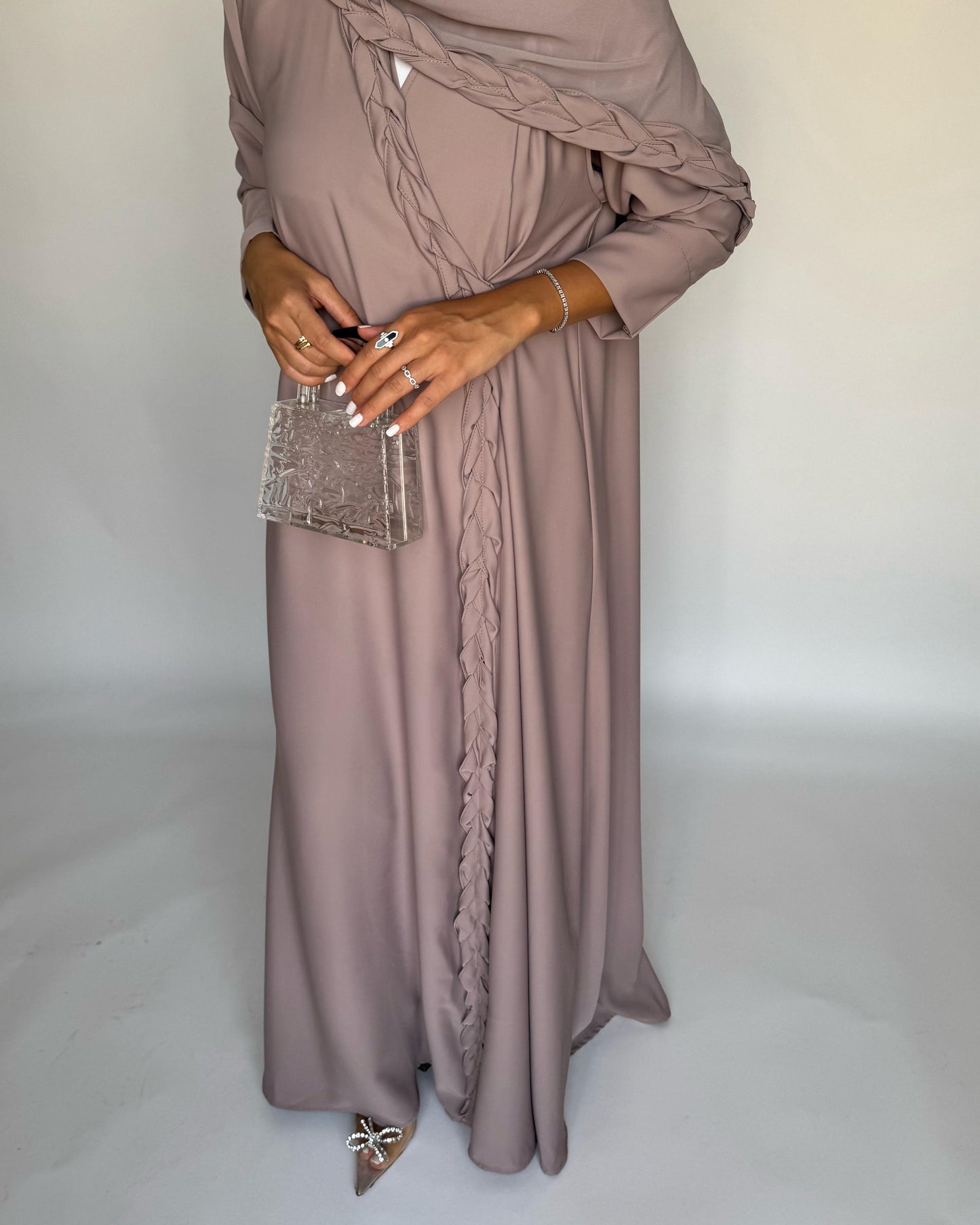 A462 - Taupe Braided Crepe Abaya with Matching Head Scarf
