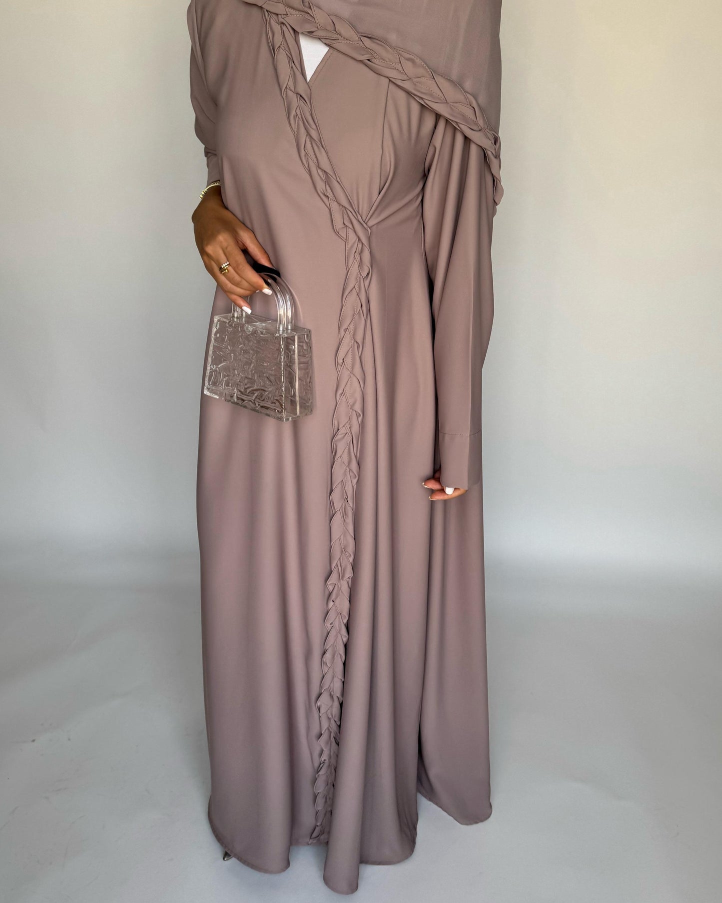 A462 - Taupe Braided Crepe Abaya with Matching Head Scarf