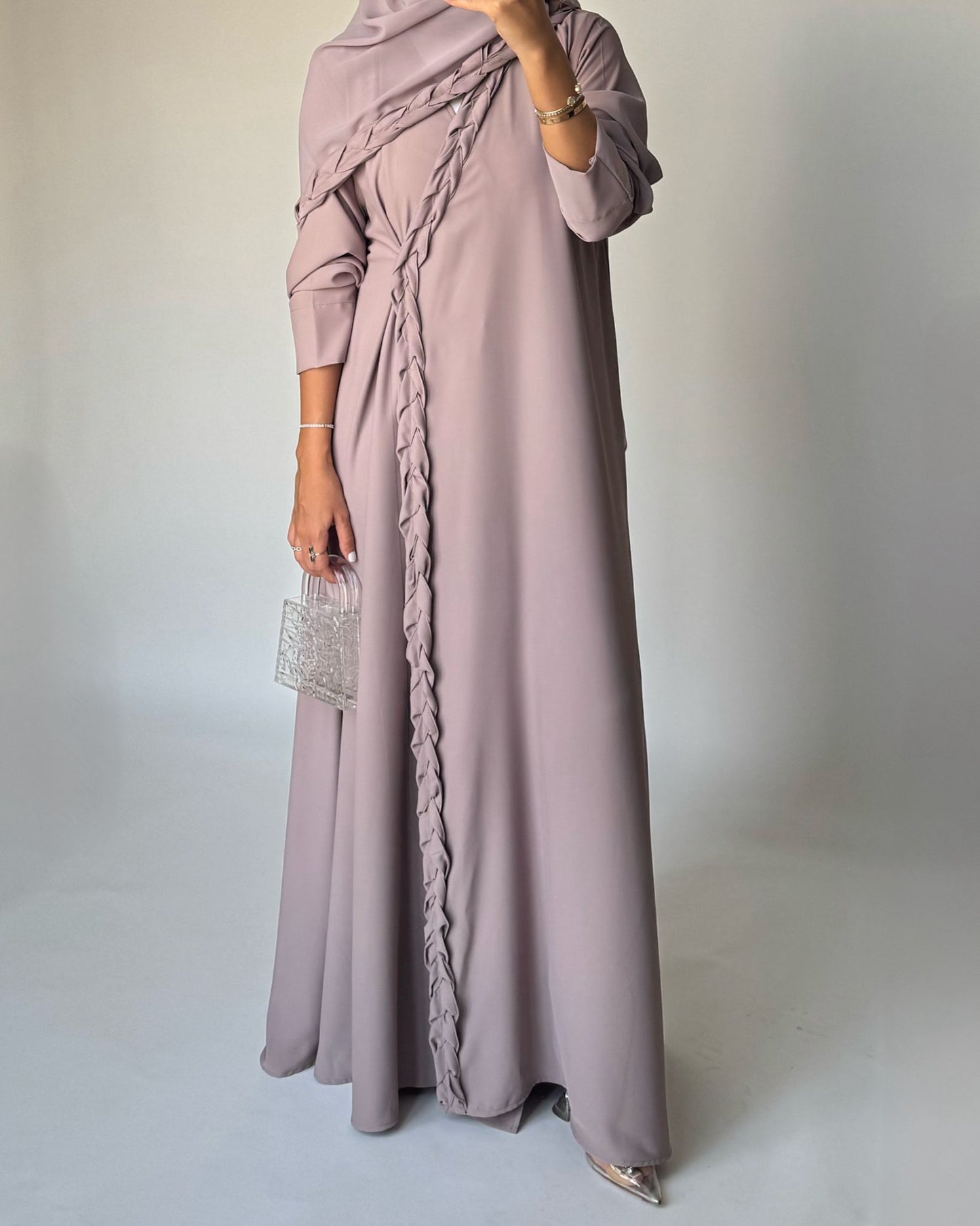 A462 - Taupe Braided Crepe Abaya with Matching Head Scarf