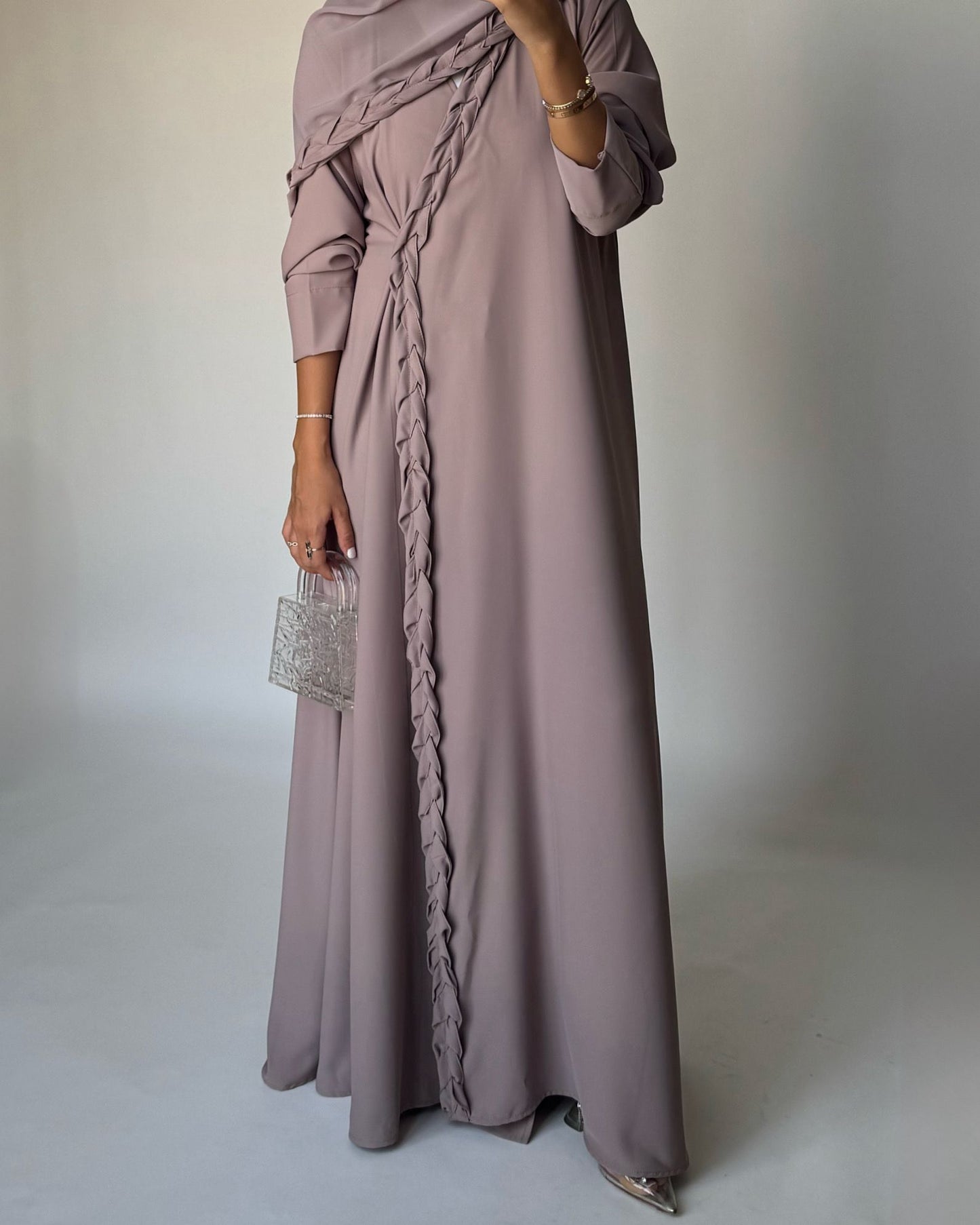 A462 - Taupe Braided Crepe Abaya with Matching Head Scarf